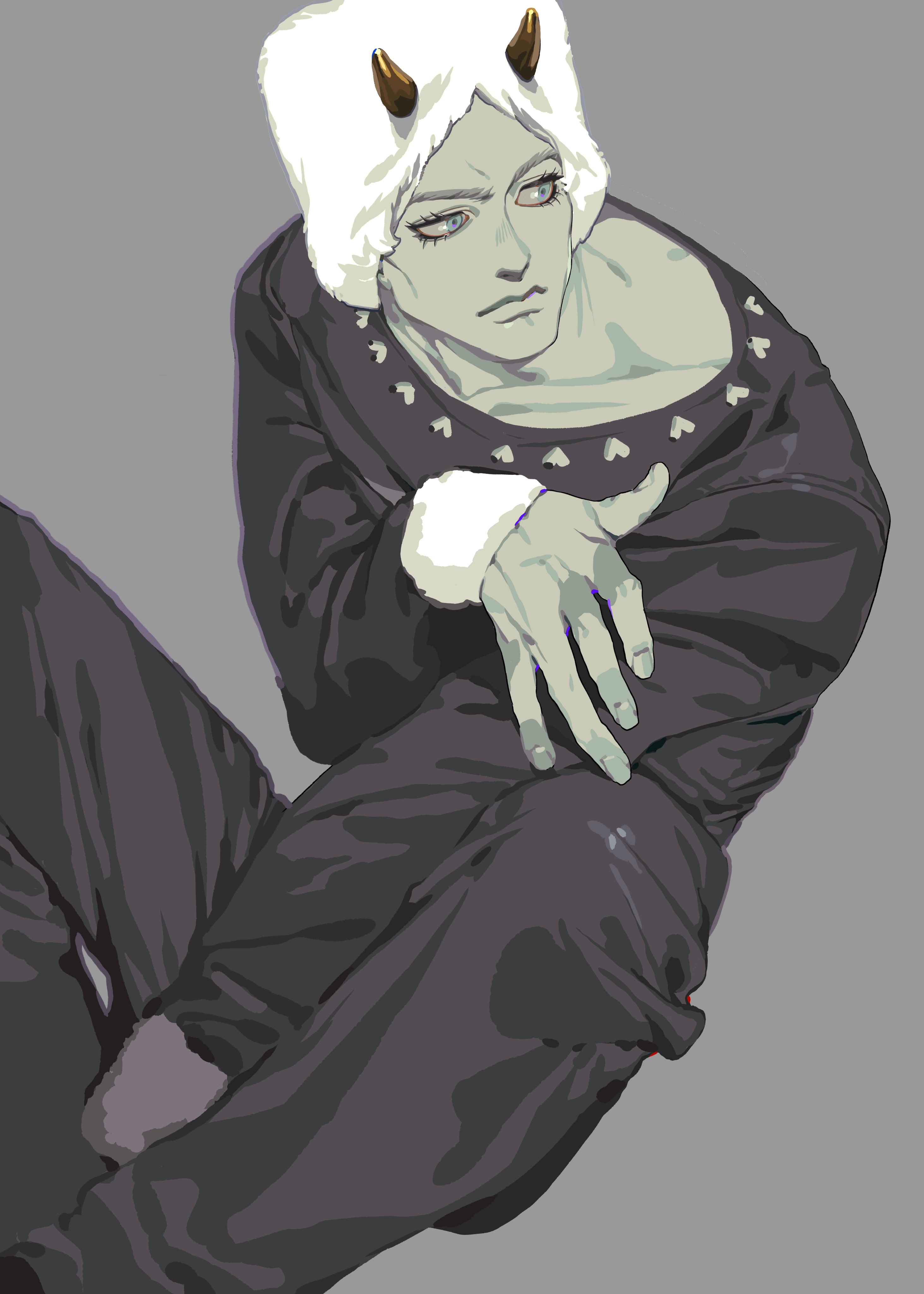 an animestyle illustration depicts an androgynous character with pale skin and small horns on their head. they are wearing dark clothing adorned with heartshaped details around the collar. the character is positioned in a seated or reclining pose, looking slightly to the side. the illustration style features a unique color palette and stylized features.