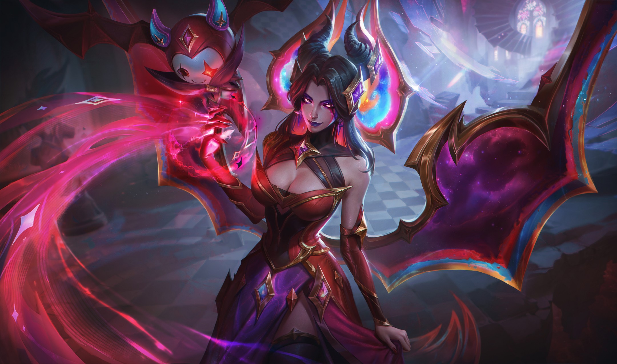 a sorceress with dark hair and a red dress stands before a mystical background.  she has large, dark wings that are decorated with stars. she has a look of concentration on her face as she holds her hands out. the sorceress has a star on her forehead and on her chest. she is holding the orb that she will use to summon her magical abilities. the picture is of a woman who is a sorceress in a dark, mystical setting.