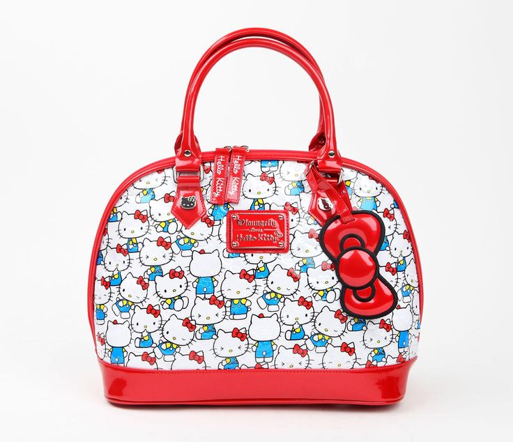 a hello kitty domestyle purse with a red and white pattern featuring hello kitty. the purse has red handles and a red trim around the bottom. a red bow charm hangs from the side. the purse has a white background with hello kitty characters scattered all over.