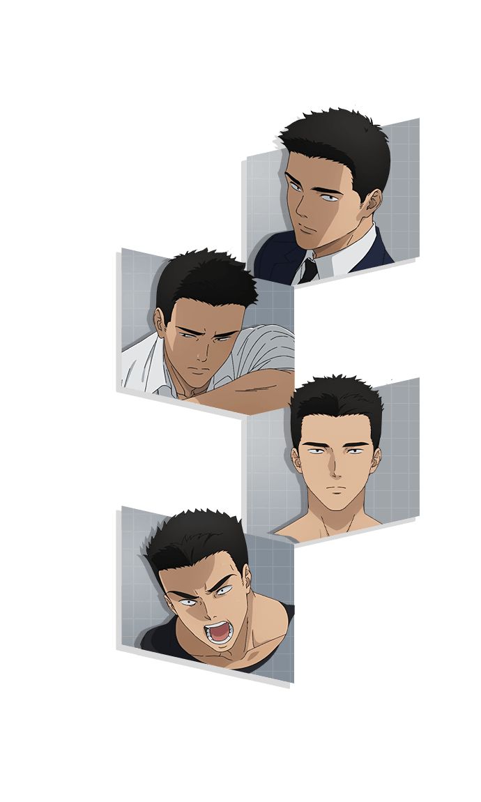 this image is a collage of four different expressions of the same anime character. the character is a young man with short black hair. in the top image, the character is in a suit and tie with his mouth closed. in the second image, he is wearing a white shirt and has a thoughtful expression on his face. in the third image, he is shirtless with a serious expression. the last image is of him with an open mouth and a shocked expression.  the background of the image is a grid pattern in gray and white.