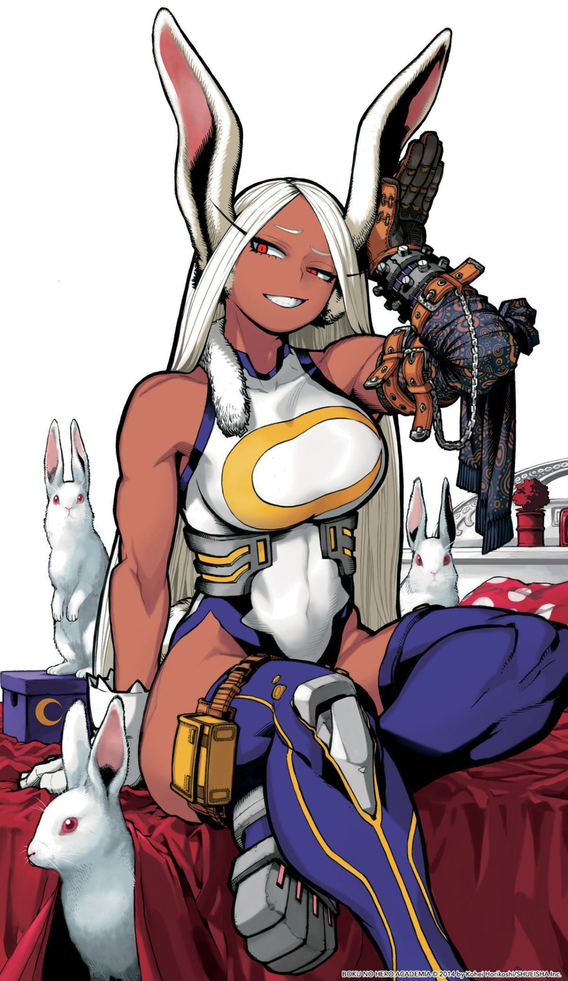 the image showcases a female anime character with long white hair styled with bunny ears.  she is wearing a white, blue, and gold formfitting superhero costume, complete with gloves and boots. her expression is confident and slightly mischievous. she is seated on a red bed with a decorative headboard and surrounded by four white rabbits. a moonshaped box sits on the bed near her. the scene is brightly lit, possibly with artificial lighting, creating a vibrant and playful atmosphere.