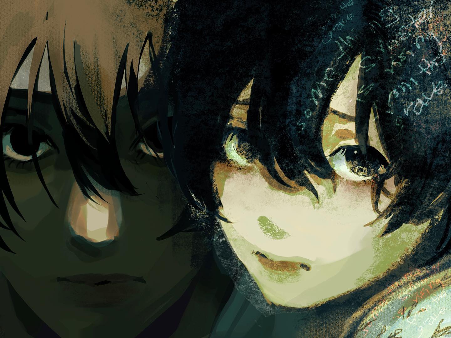 the image shows a stylized portrait of two young men, drawn in an anime or manga style. they are positioned close together, their faces partially illuminated against a dark background. the overall mood is mysterious and suspenseful, emphasized by the dark color palette and the intense expressions on their faces. one boy, with brown hair, gazes directly at the viewer with a serious, perhaps apprehensive, look. the second boy, with dark hair, has a more ambiguous expression, his eyes subtly directed offcamera. the use of dark, muted greens and browns reinforces the sense of mystery and creates a somber, almost haunting, atmosphere. scribbled text overlays portions of the image, further adding to the air of intrigue.