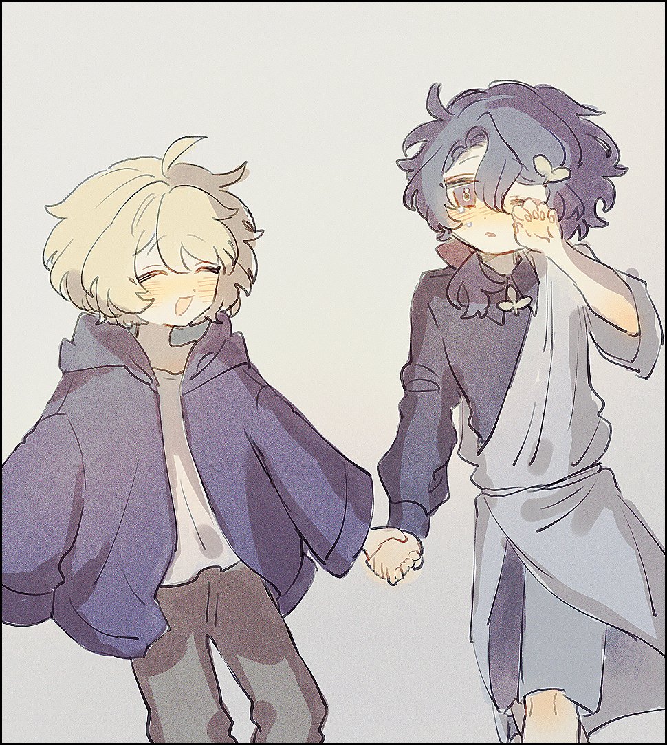 he image is a cute animestyle drawing of two young boys holding hands. the boy on the left has blond hair and is wearing a purple hoodie. the boy on the right has purple hair and is wearing a light purple tunic. they both have a happy and innocent expression. the style is simple and soft, with pastel colors and a light background.