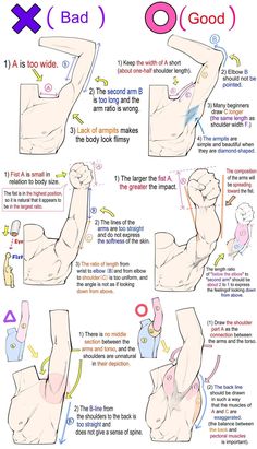 the image is a drawing tutorial about how to draw arms. it shows the common mistakes that beginners make and how to correct them. the tutorial is divided into two columns, with the left column showing the incorrect way to draw arms and the right column showing the correct way. each mistake is labeled with a number and a brief explanation. the tutorial also includes some helpful tips, such as how to make the arms look more dynamic and how to create a sense of depth.