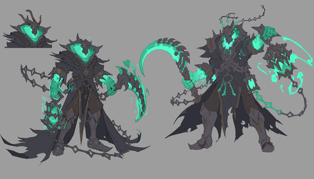 this is a digital illustration of a character design from league of legends.  it depicts a skeletal character that appears to be a ghost or spirit, with horns,  a skulllike face and a chain weapon that looks like a scythe.  this design is in a gothic and fantasy style, dark and ominous.  the character appears evil.