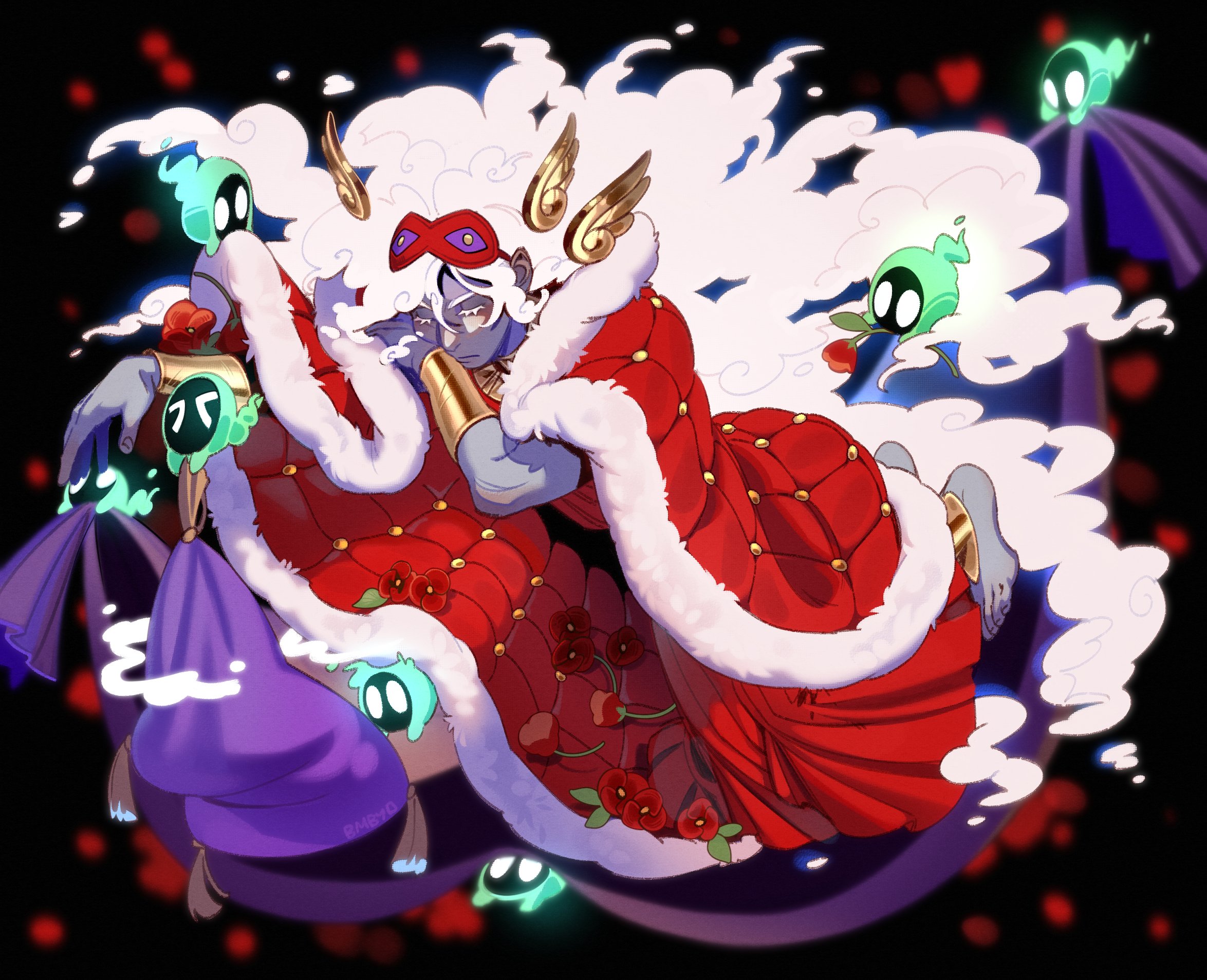 the image is a digital illustration in an animeinfluenced style, depicting a regal, cloudlike being.  the figure is reclining on a red, plush thronelike seat draped with a voluminous white furlike cloak and a rich red robe adorned with gold buttons. the being has pale bluegray skin, wears a red mask, gold armbands, and has small, delicate wings. its hair is a fluffy mass of white clouds. several small, glowing spiritlike creatures float around the main figure, adding to the ethereal atmosphere. the background is dark with scattered red flower petals, creating a contrast that highlights the character's luminous appearance. the overall mood is serene and dreamlike, suggesting a sense of royalty and otherworldly magic.