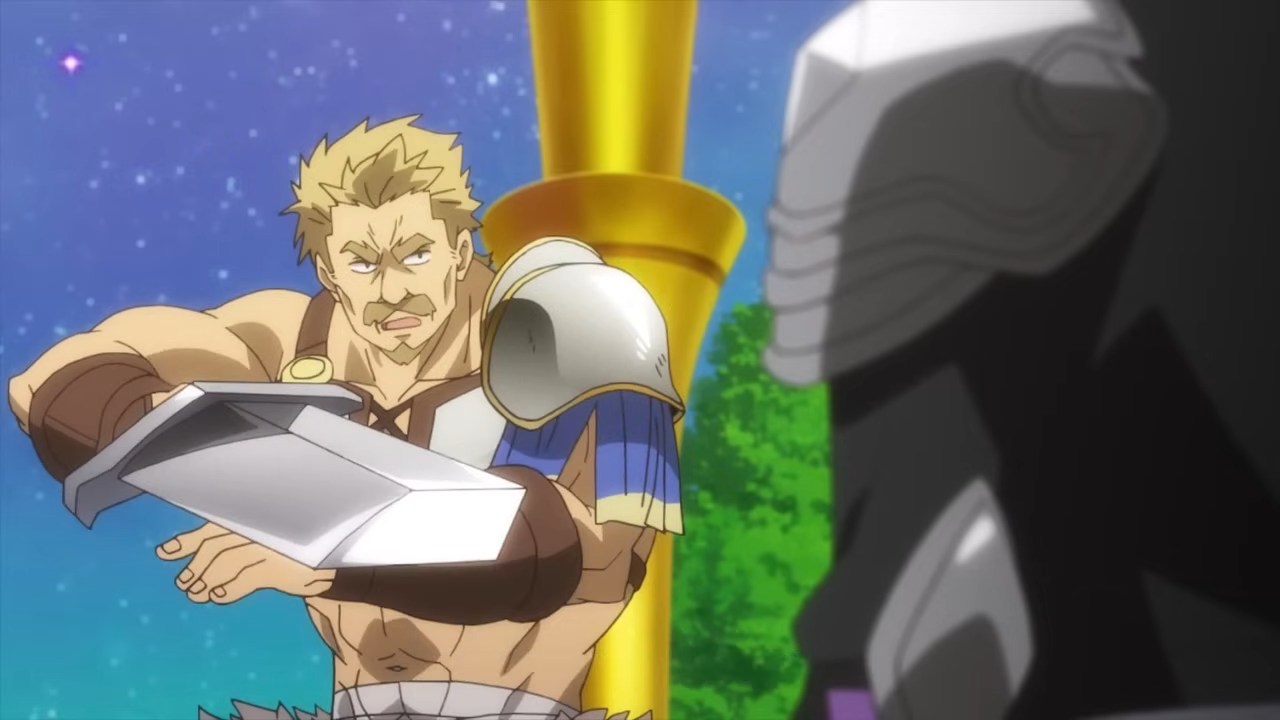 a muscular, blondehaired man in armor stands poised for battle, his sword drawn and pointed toward someone offscreen. his expression is serious and determined.  the scene appears to take place outdoors during the day, possibly in a parklike setting with green trees and a glimpse of a starry sky. a golden pillar stands behind the man, adding an element of grandeur to the scene.