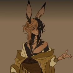 a digital drawing of an anthropomorphic rabbit character. the character has long, flowing blond and black hair styled with braids, large rabbit ears with black tips, and small horns. they are adorned with intricate gold jewelry, including a choker, necklace, earrings, and rings. they are wearing a flowing, offwhite top with a brown shawl draped over their shoulders. they are posed with one hand raised, displaying more rings. the background is a solid, warm brown color. the overall aesthetic is fantasy and slightly mystical.