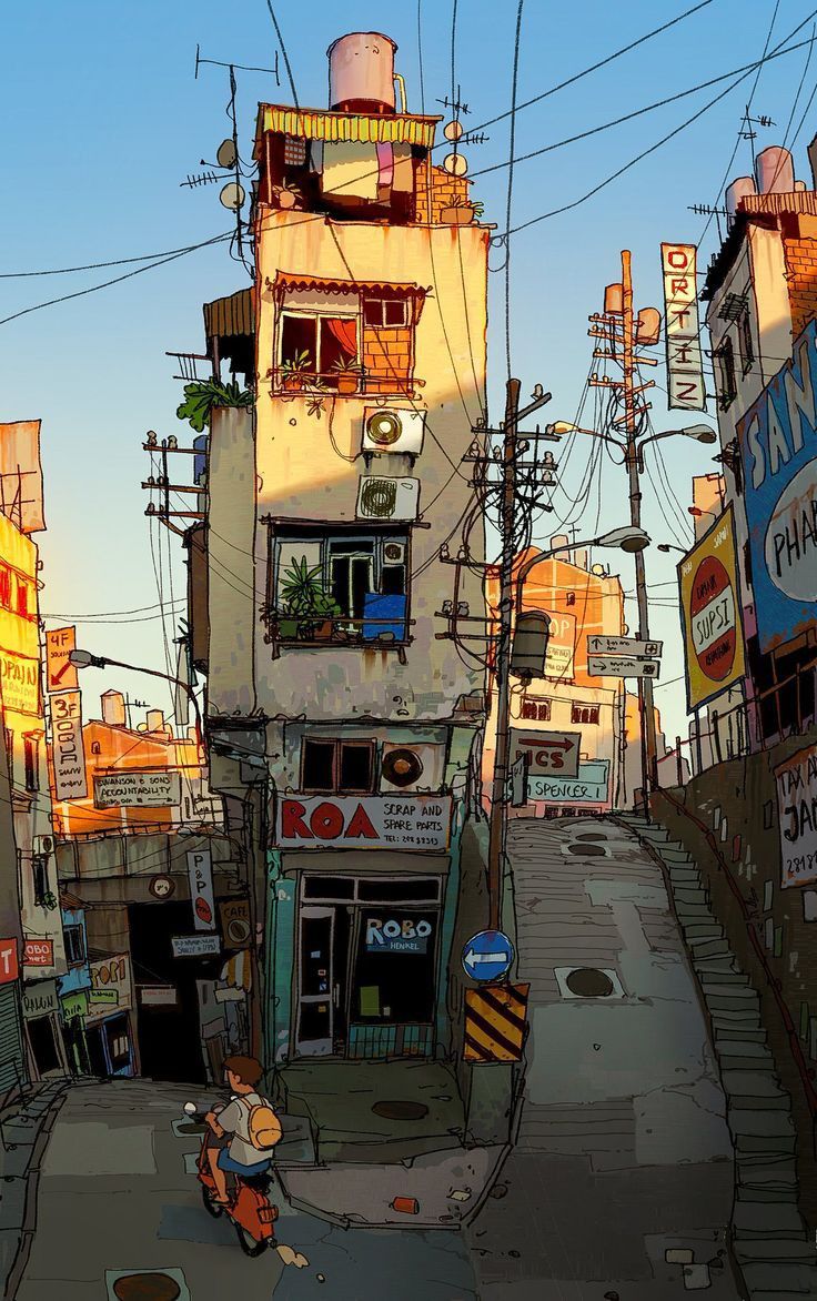 this is an illustration of a bustling city street during sunset. the warm, golden light of the setting sun bathes the buildings and street in a soft glow. a lone motorcyclist rides up the hill, passing by shops and buildings with vibrant signs and awnings. power lines crisscross overhead, adding to the urban atmosphere. the scene captures the energy and vibrancy of city life.
