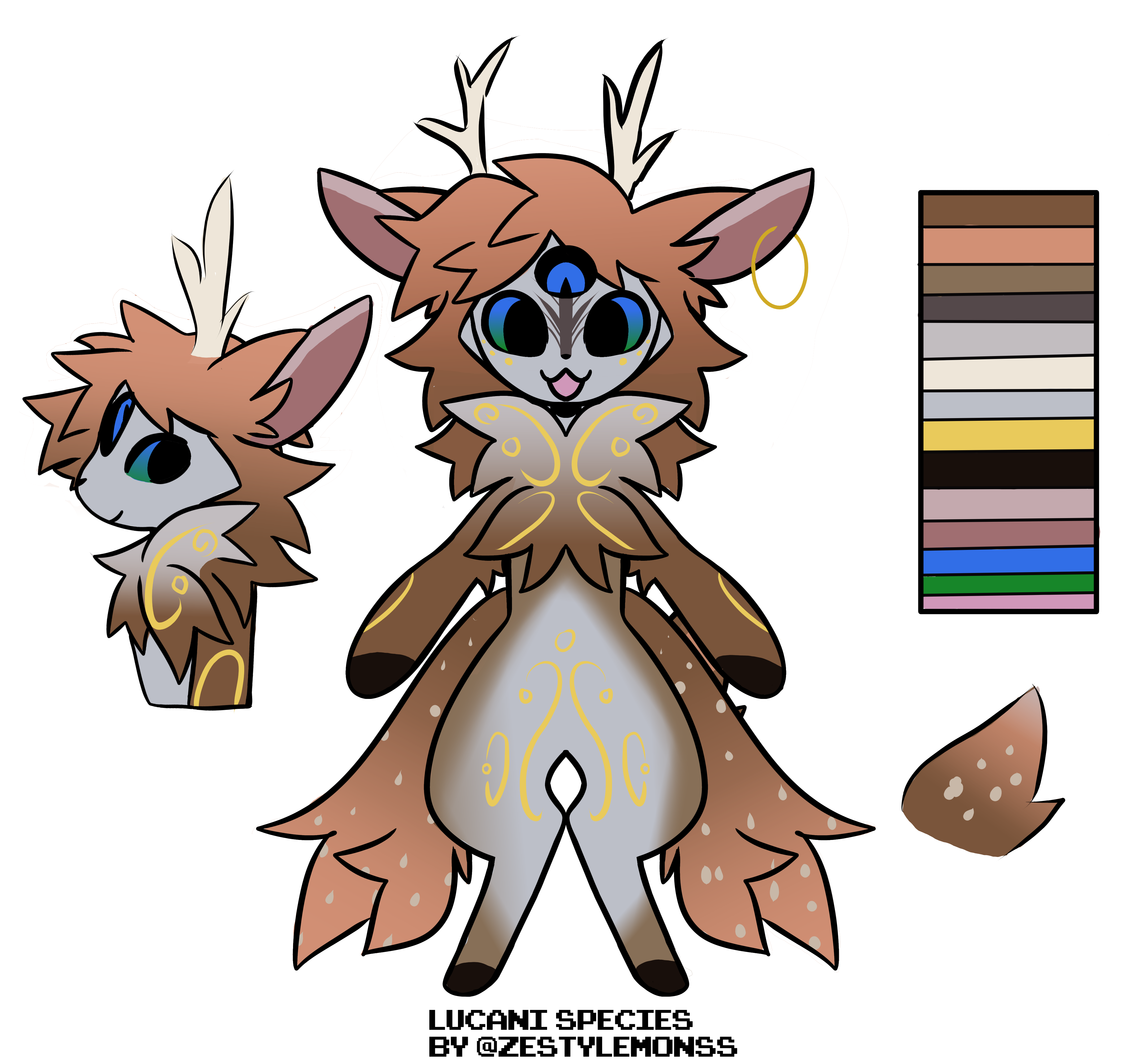 this image is a digital illustration of a cute anthro deer character. the deer is a light grey color with brown and orange markings and has a brown tail. the deer has large blue eyes, brown antlers, and a large brown mane of fur. the character is standing in a neutral pose with its right ear perked up, its left arm bent at the elbow, and its left leg slightly bent. in the background there is a palette of colors that represents the colors used to create the image. the image also includes the text "lucani species by @zestylemonss".