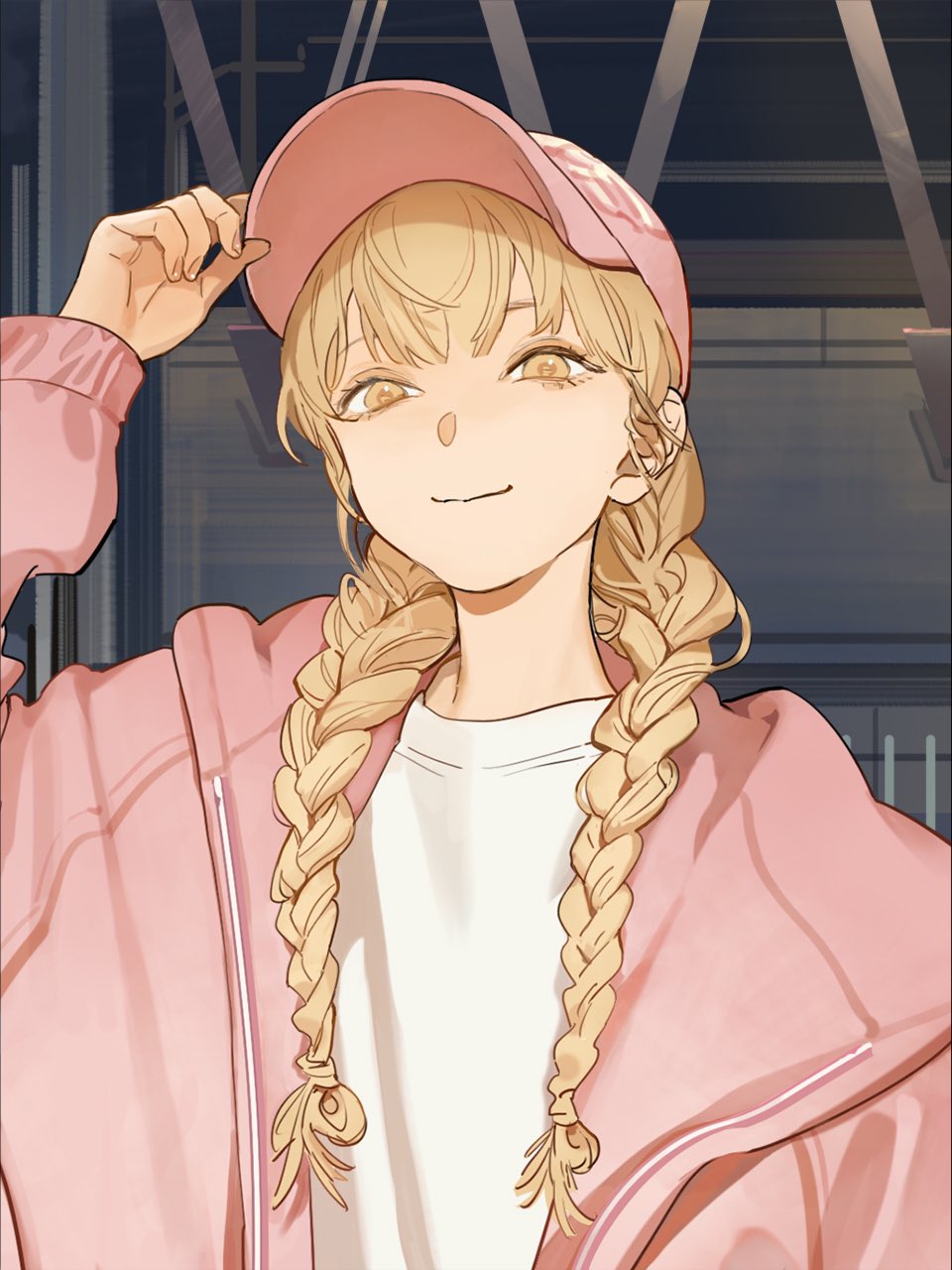 the image is a digital illustration or artwork of an animestyle girl. she has long blonde hair styled in pigtails, and is wearing a pink baseball cap, a light pink zipup jacket, and a white shirt underneath. her expression is happy and cheerful, and she appears to be casually dressed. the background is a blurredout depiction of what appears to be a city or urban setting at night. the art style is soft and clean, with a focus on detail in the character's features and clothing.  the overall mood is light and pleasant.