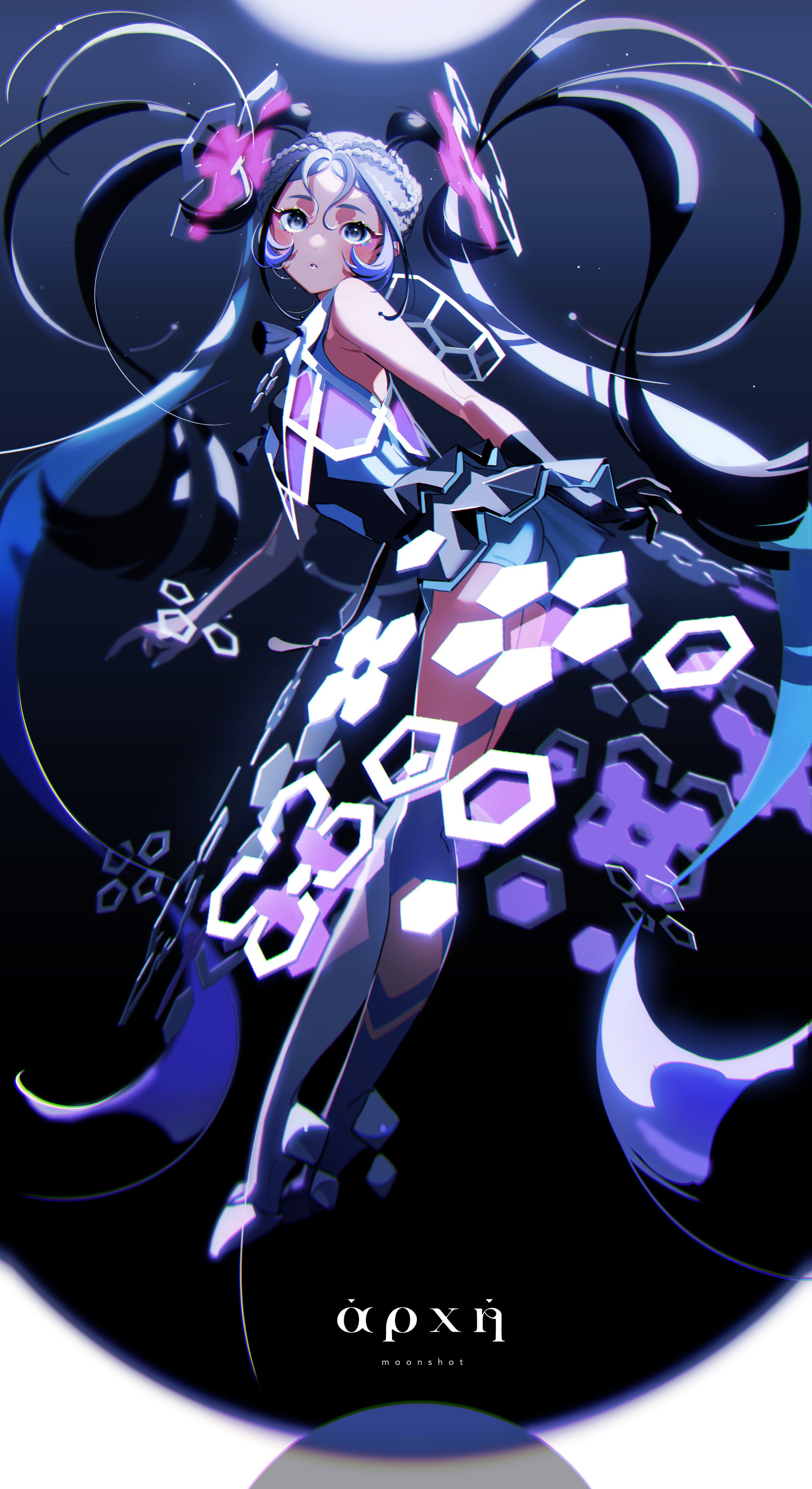 a digital art piece of an anime girl with blue and white hair. the girl is wearing a purple and blue outfit, adorned with white diamond shapes and flowers. she is floating, posing and facing the viewer,  against a black and blue background with geometric shapes, stars, and flower motifs. the artwork is signed in the bottom with the word "αρχή" (archē), which is greek for "beginning" or "origin."
