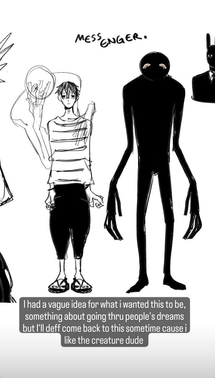 a black and white illustration featuring three figures. the main focus is on a humanoid character with long, slender arms, standing in the center of the page. two other figures appear on the left and right edges of the page, one is a partially concealed humanoid character and the other is a partially concealed humanoid character. the style is doodlelike and the characters are stylized in a simple manner. the main figure has an elongated shape, and its body language is rigid, perhaps expressing a sense of loneliness, alienation, or detachment. the image has a somewhat melancholic and eerie atmosphere, creating a sense of mystery and wonder. the artwork is accompanied by text referring to the concept of a "messenger" who visits people in their dreams.