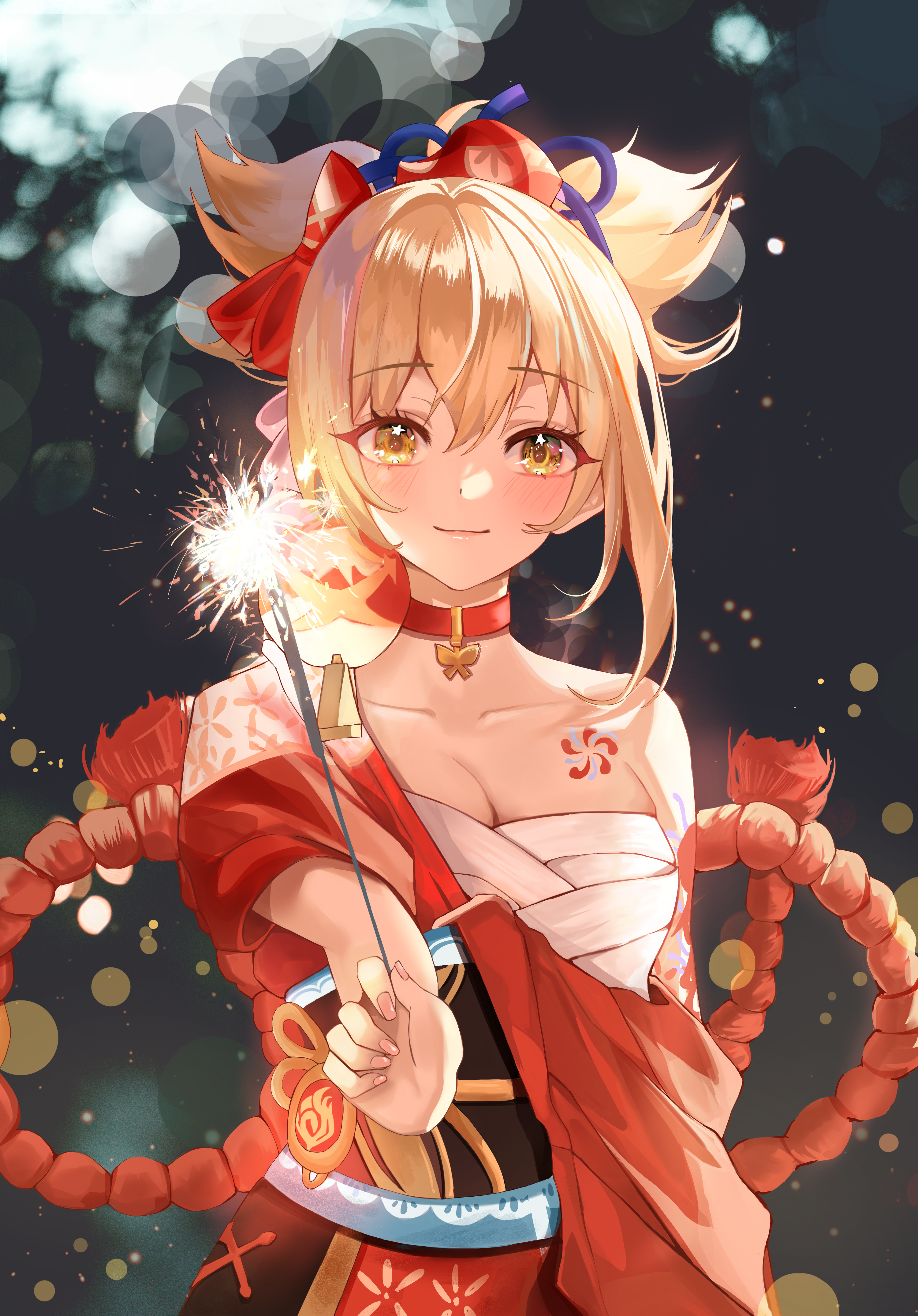 the image is a digital fanart illustration of a young anime girl, likely yae miko from genshin impact,  dressed in a vibrant red and white kimono. she has long blonde hair styled in buns with red ribbons, and holds a lit sparkler. her expression is happy and cheerful. the background features dark tones with bokeh lights creating a festive atmosphere. the overall style is soft and detailed, typical of anime illustrations, with focus on the character's expressive features and clothing details.  the scene suggests a celebration or festival setting.