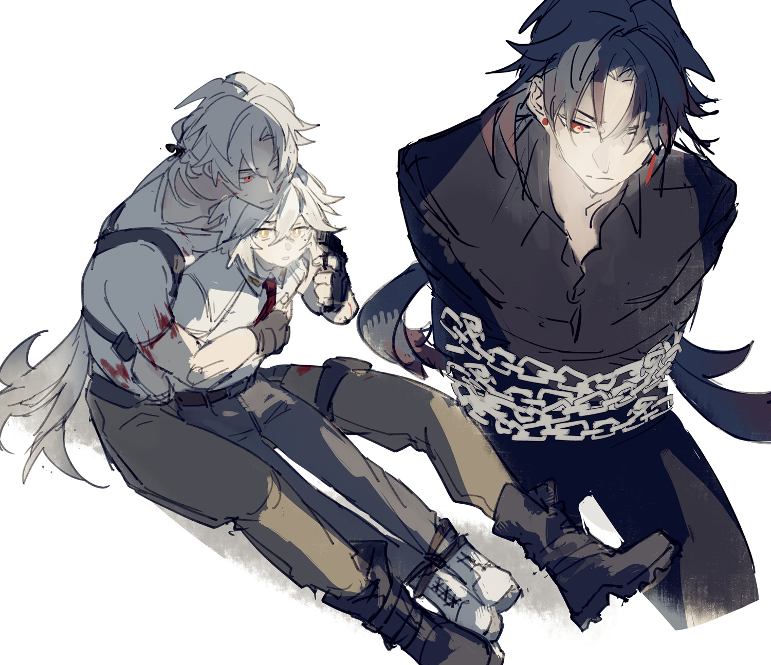 the image shows three anime/manga style characters drawn in a digital art style. two of them are male. one has white hair and red eyes and is holding another male character, who is wearing a white shirt and has short blonde hair. the whitehaired male appears to be injured, with blood on his clothes. the third character is standing and facing the camera. he has black hair and red eyes and is bound by a large chain around his waist. he appears to be distressed or angry. the scene is set against a white background and has a dark and dramatic feel.