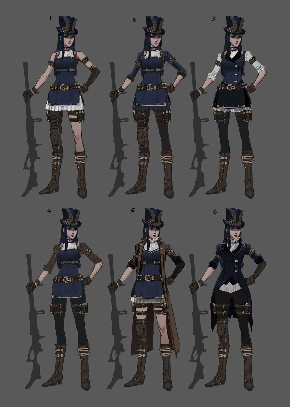 this image shows 6 different costume concepts for a female character. the characters are wearing a steampunk style clothing with top hats, jackets, vests, belts, and gloves. the characters all appear to be holding a gun or rifle in their hand.