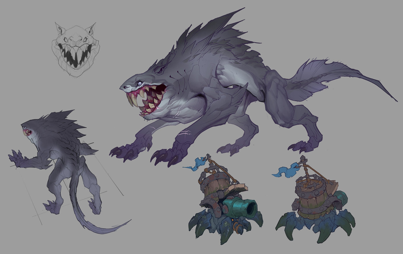 he image showcases concept art for a fantasy creature, a hybrid of a shark and a wolf. multiple views of the creature are presented, including a threequarter view, a side view, and a back view. the design features a wolflike body with sharklike head and fins.  additional concept art depicts small, crablike cannons with wooden barrels, suggesting a possible ingame asset or environment element.  a simple sketch of the creature's head is also included.  the style is digital painting with a slightly painterly approach, showcasing different angles and details for a comprehensive design. the overall color scheme is muted, with purples and greys dominating.