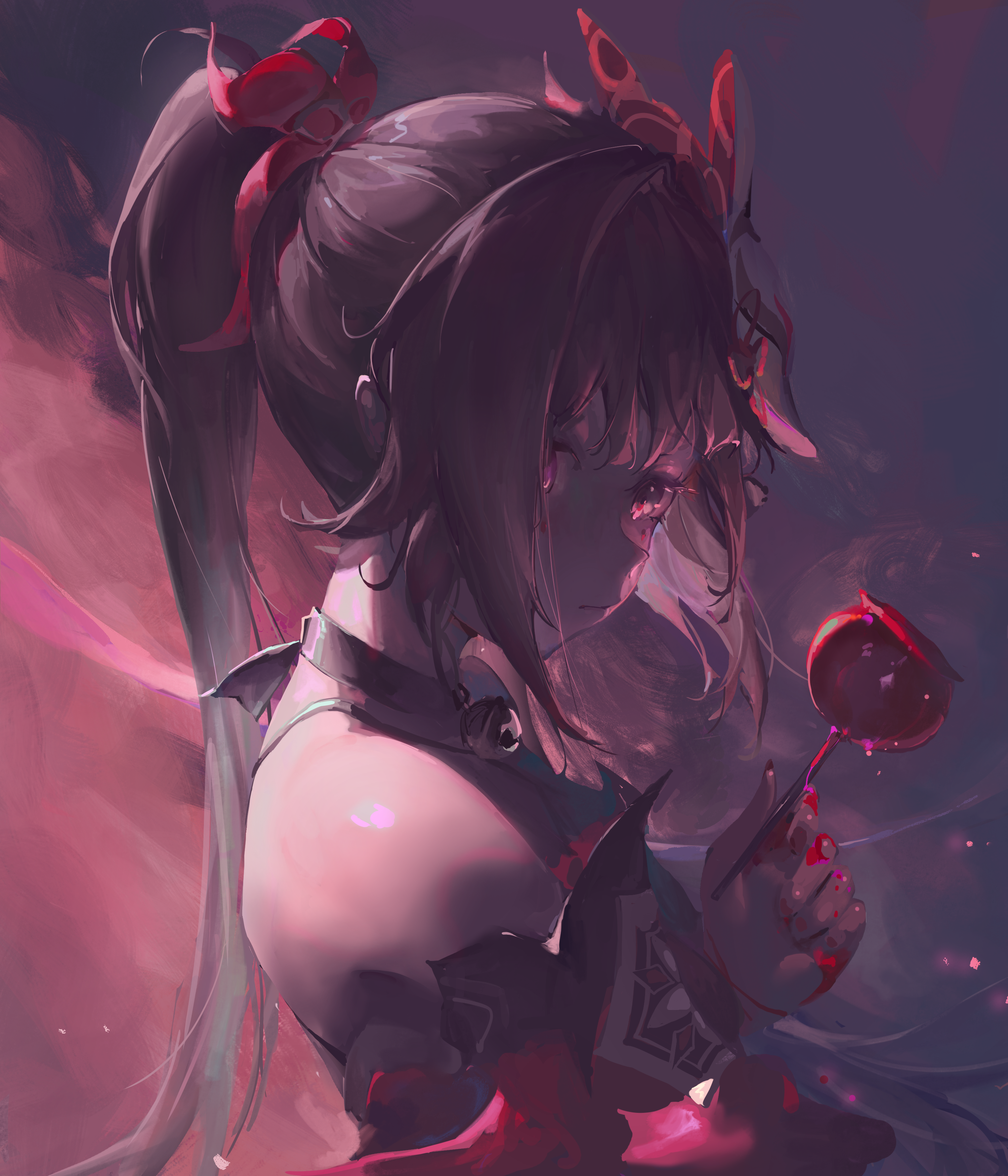 the image is a digital painting or illustration of an animestyle girl. she has long dark hair tied up in a high ponytail with a red ribbon. she's wearing a dark red and white outfit, and what appears to be a mask or hair ornament on her head. she's holding a red lollipop, and the overall mood is mysterious and dreamy with a dark, fantasylike background.  the art style is painterly and uses soft light and shadow to create a sense of depth and mood. the color palette is dominated by shades of red, pink, and purple.