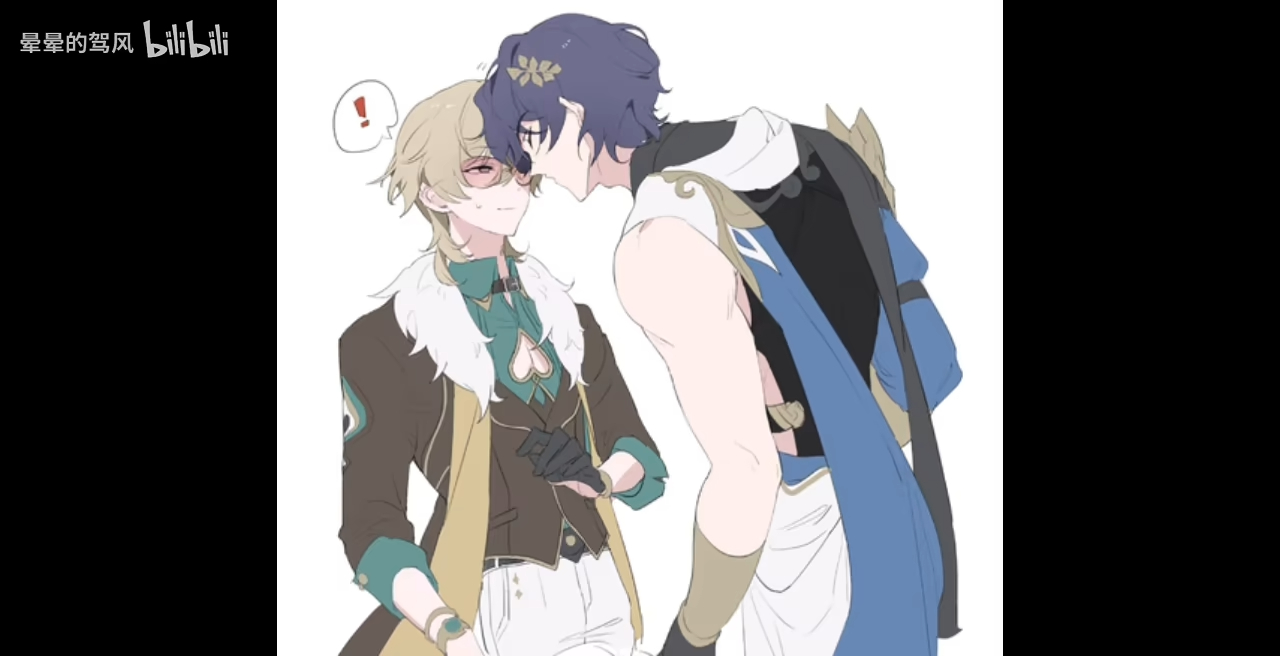 the image is a piece of fanart depicting two male characters in a close, romantic embrace. the style is reminiscent of anime or manga, with soft, pastel coloring and detailed character designs. the two characters appear to be from the video game genshin impact, possibly albedo and xiao, based on their visual resemblance. they are dressed in elaborate clothing, and their poses and expressions suggest a close, affectionate relationship. the overall mood of the image is gentle and romantic.
