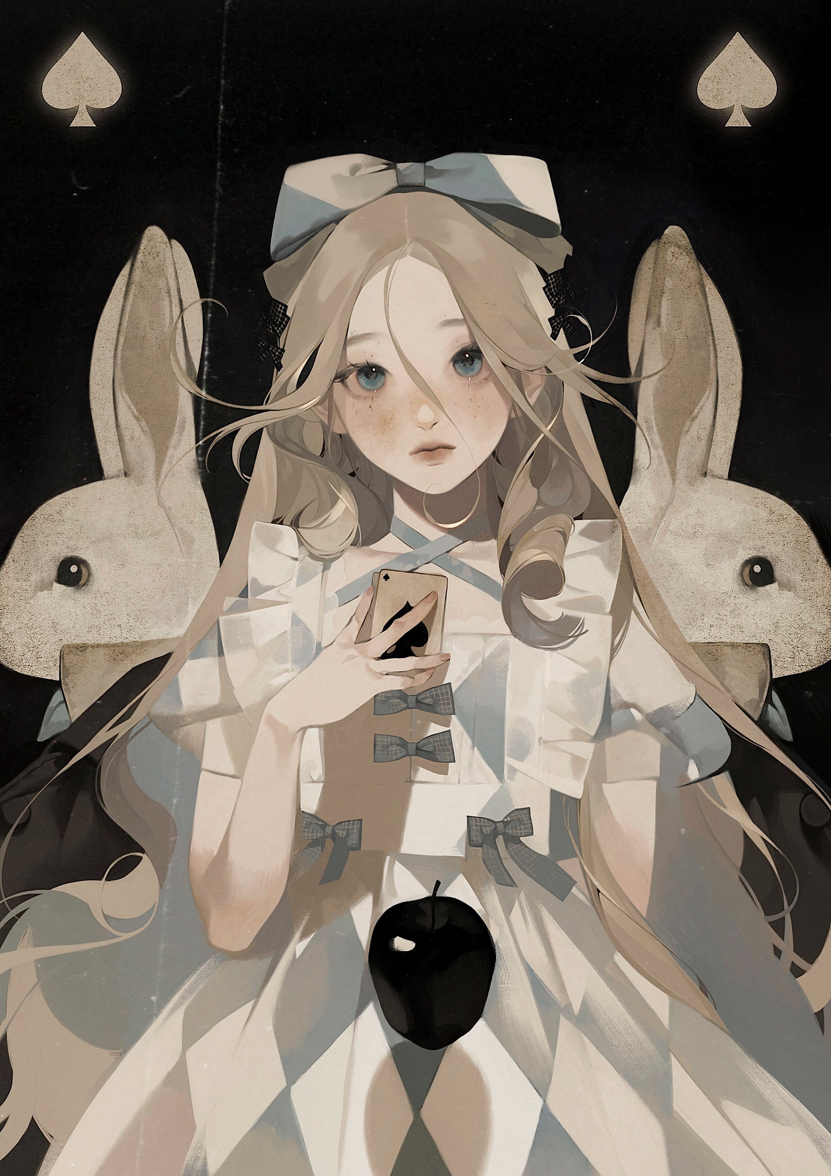 a beautiful anime girl in a white dress is holding a phone while standing with two white rabbits behind her. the dress has a checkered pattern and a blue bow. the girl has long blonde hair and blue eyes. she is looking at the phone, and a black apple is at her feet. she is surrounded by cards with spades symbols on them. the background is black and white. this appears to be a scene from a fantasy world. the image is whimsical and magical, with a delicate touch. it is a beautiful and captivating illustration.