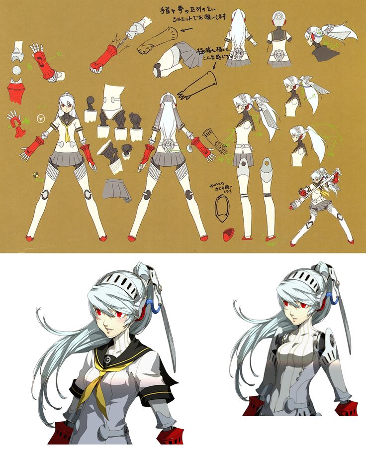 the image showcases the character design sheet for aigis from the persona video game series. the top half of the sheet presents a detailed breakdown of her robotic components, highlighting her joints, armor plates, and various mechanical parts. the bottom half features two fullbody illustrations of aigis in her signature school uniform, capturing her stoic yet determined expression.  the use of a neutral background emphasizes the character and the intricate details of her design.