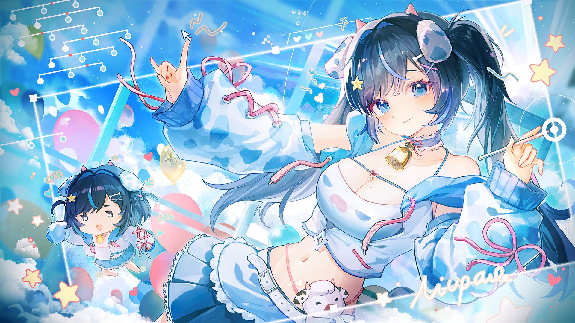 the image is a vibrant digital illustration of a cute anime girl with long, twintailed blue hair styled in a cowprint themed outfit.  she's depicted in a playful pose, holding a paintbrush, with a smaller chibi version of herself visible in the background. the art style is bright, airy, and features many whimsical elements such as stars, hearts, and flowing lines, creating a dreamy and magical atmosphere. the overall aesthetic is very kawaii and charming. the signature "mirape" is faintly visible.
