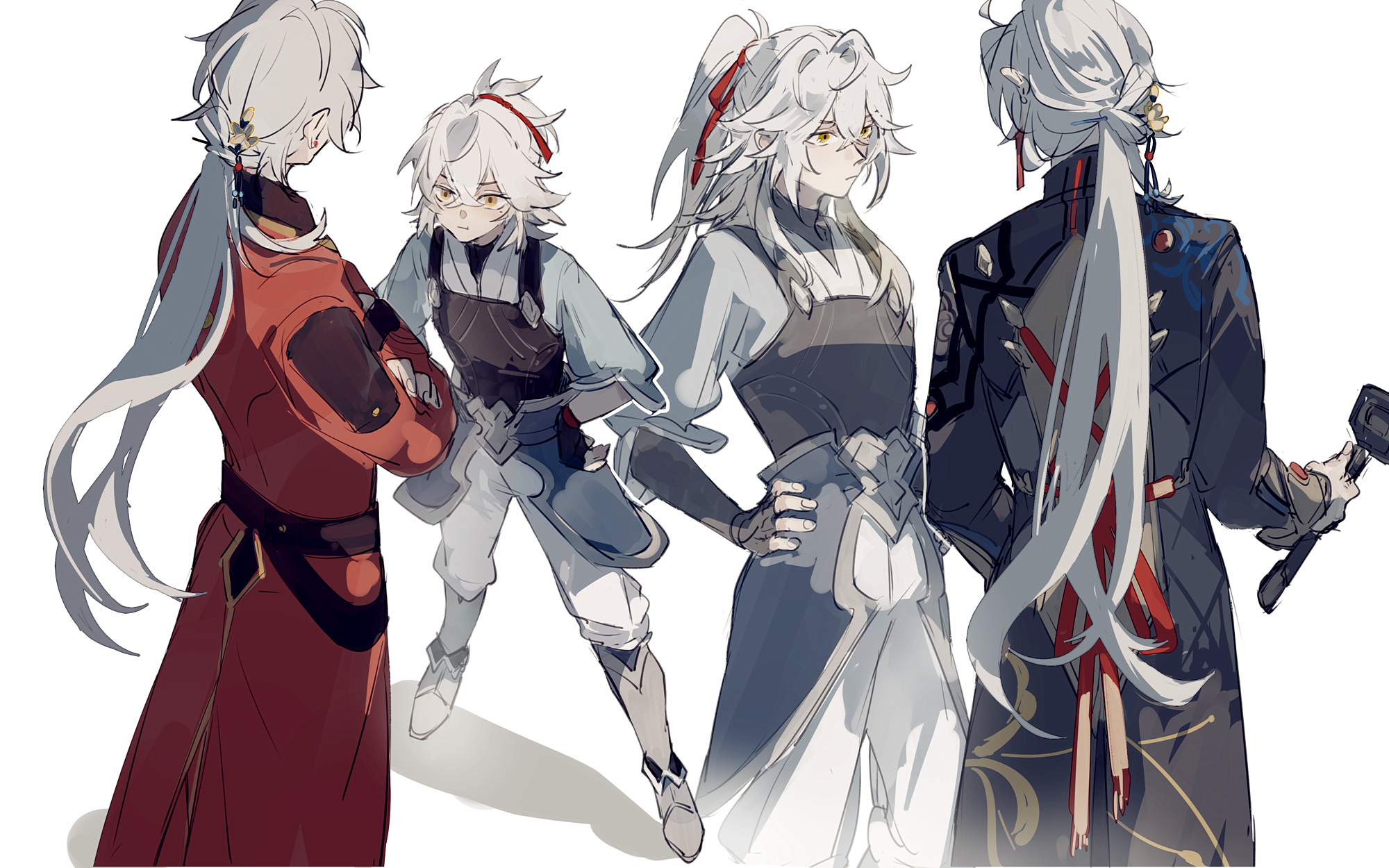 this image is a digital illustration of 4 male anime characters with long white hair. two characters have red accents in their outfits. the other two have blue accents in their outfits. all 4 characters are wearing clothes inspired by the characters itto, scaramouche, and albedo from the game genshin impact. the characters are drawn in a style similar to popular fanart of these characters. the background is white.