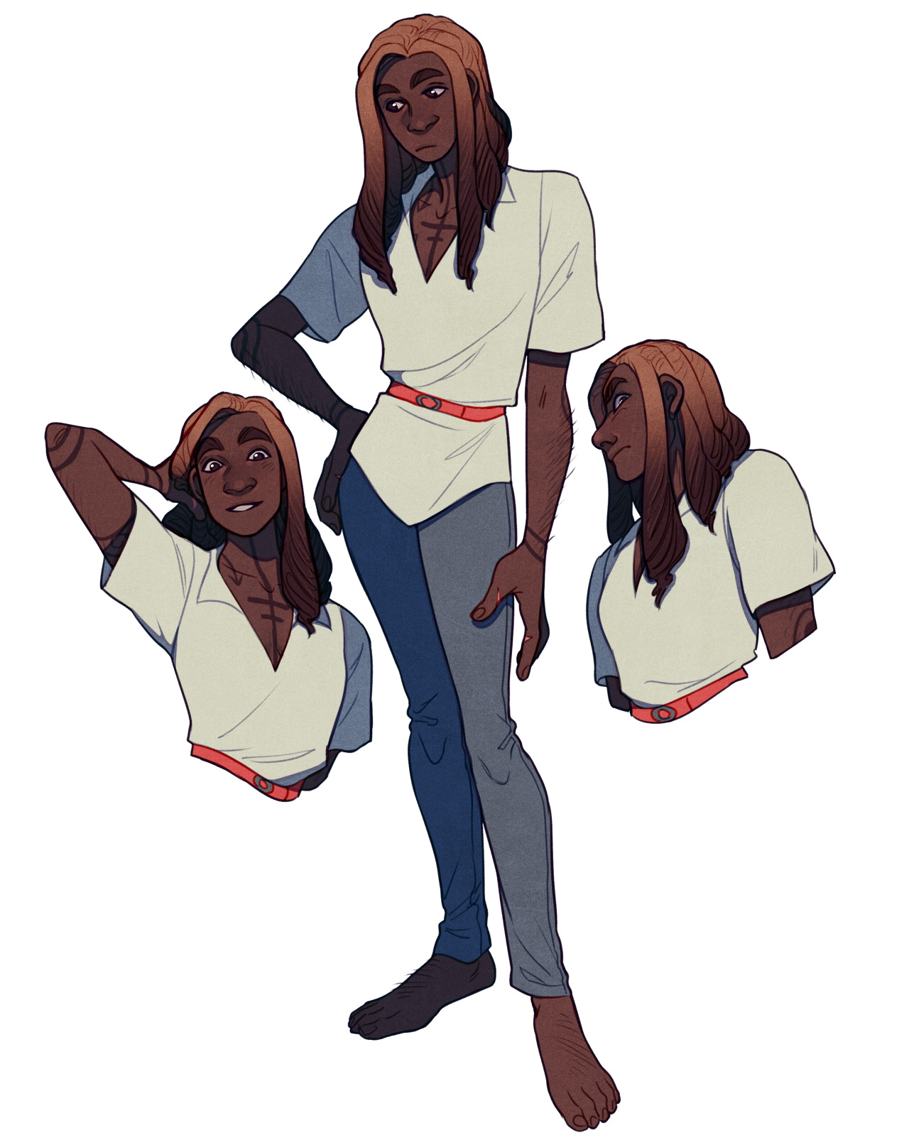 a character design sheet shows a young man with brown skin and long locs pulled back from his face. he is wearing a cream tunic top with a vneck and orange trim, cinched with an orange belt. his pants are greyblue. he is barefoot.  he has scars on his chest and arms and tribal tattoos on one arm. the sheet shows the character in three different poses; a front view, a threequarter view and a side profile.