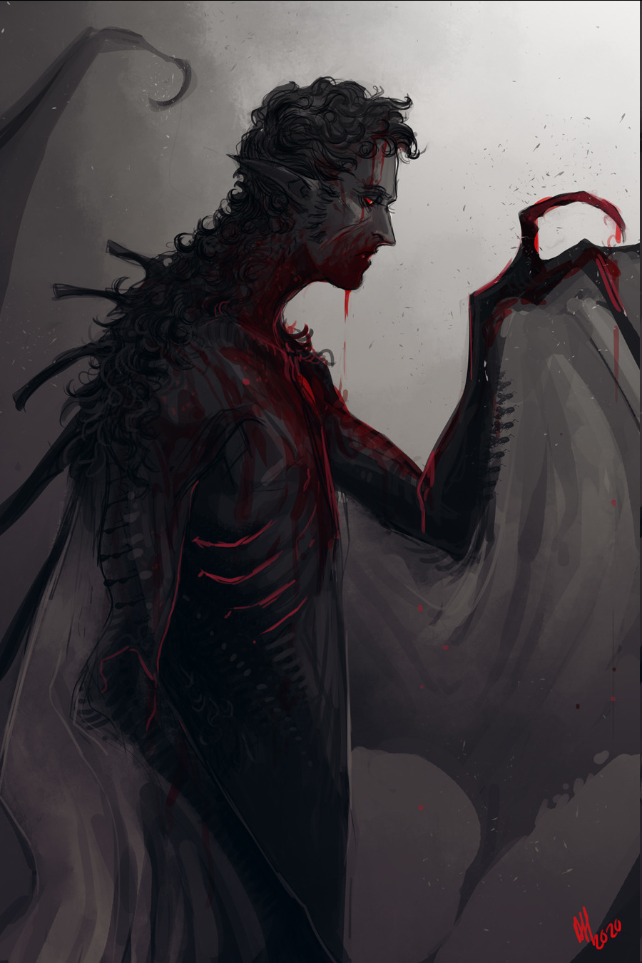 a haunting depiction of a male figure with monstrous features, embodying a gothic or demonic aesthetic. batlike wings, sharp claws, and bloodstains contribute to a menacing aura. rendered in a palette of dark grays and reds, the art evokes a sense of horror and the supernatural.
