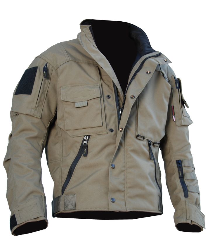 a khaki tactical jacket with a black zipper and black buttons. it has multiple pockets on the front and arms, including one patch pocket with a black flap. the jacket is lined with black fabric and has a black collar.