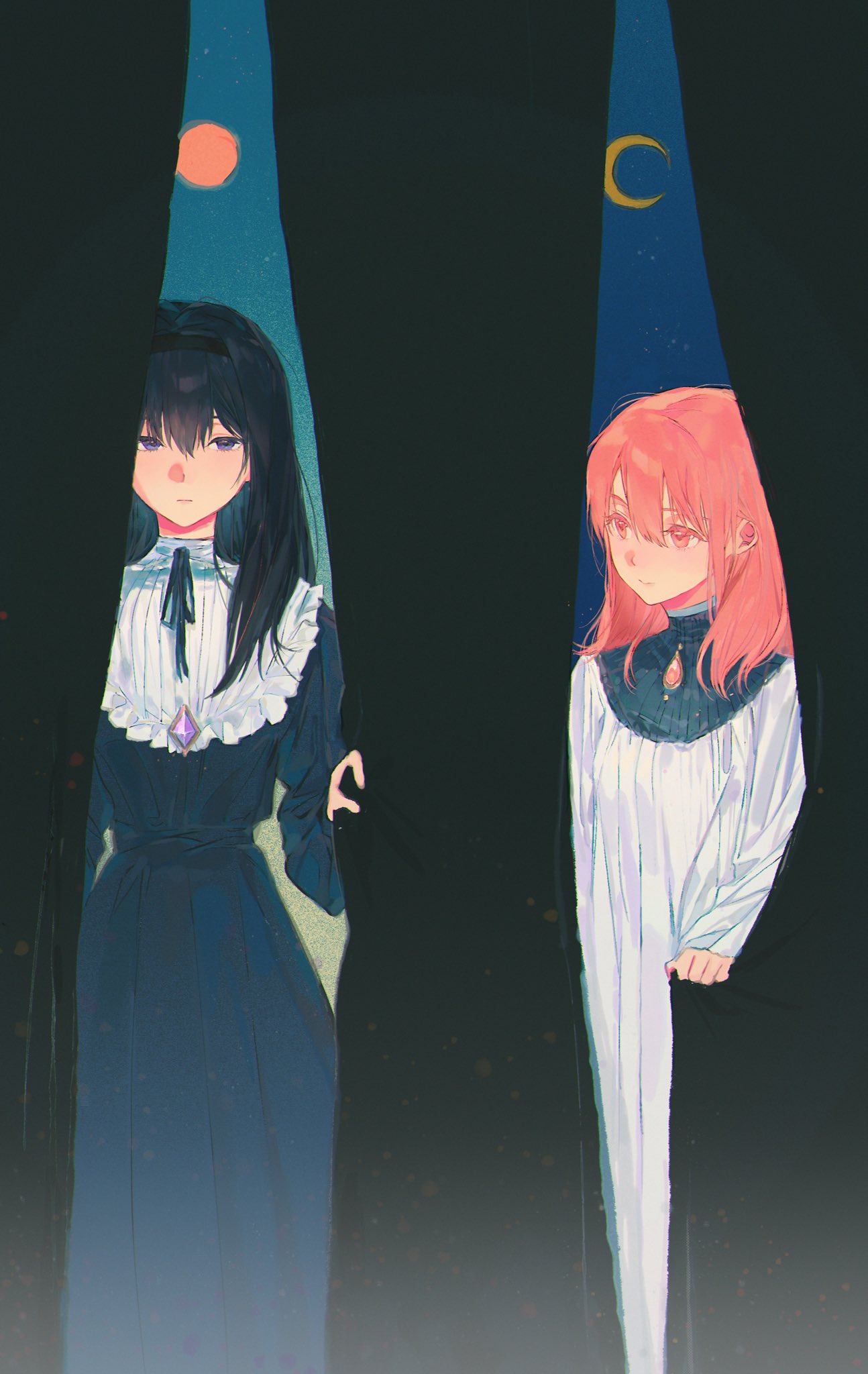 two anime girls standing behind a black curtain. one has black hair and a blue dress. the other has pink hair and a white dress. there is a red moon in the sky on the left and a crescent moon in the sky on the right.