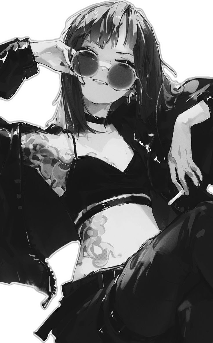 the image is a black and white illustration of a stylish anime girl. she's wearing a leather jacket, a crop top, and sunglasses.  she has tattoos on her arms and stomach.  her pose is confident and slightly rebellious. the style is edgy and cool, with a focus on fashion and attitude. the image is drawn in a dynamic style with a focus on shading and linework.