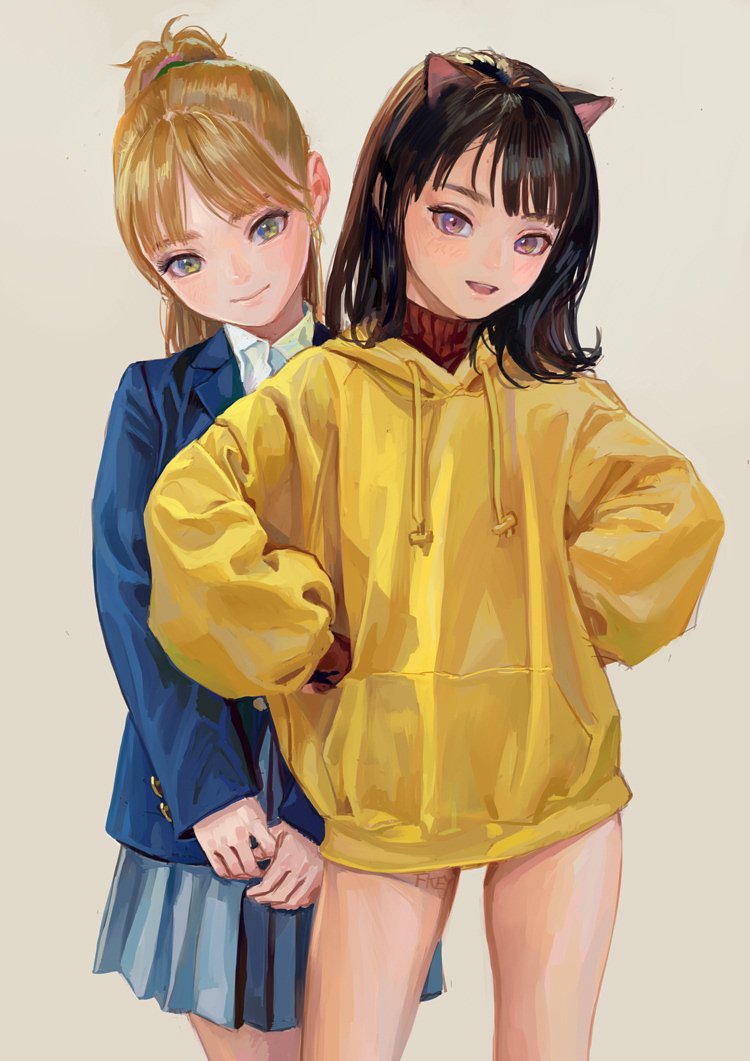 the image features two anime girls standing sidebyside. the girl on the left is wearing a blue school uniform with a skirt and blazer, while the girl on the right is wearing a large yellow hoodie and has cat ears. they are holding hands and smiling. the image is a digital illustration with a painterly style.
