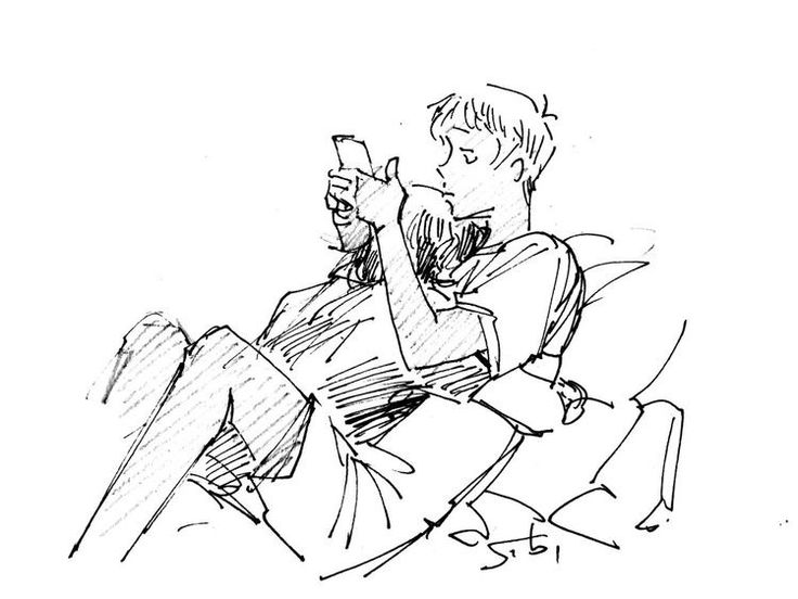 a sketch shows a man sitting and looking at his phone while lounging in a chair. the style is casual, with loose lines creating the artwork.
