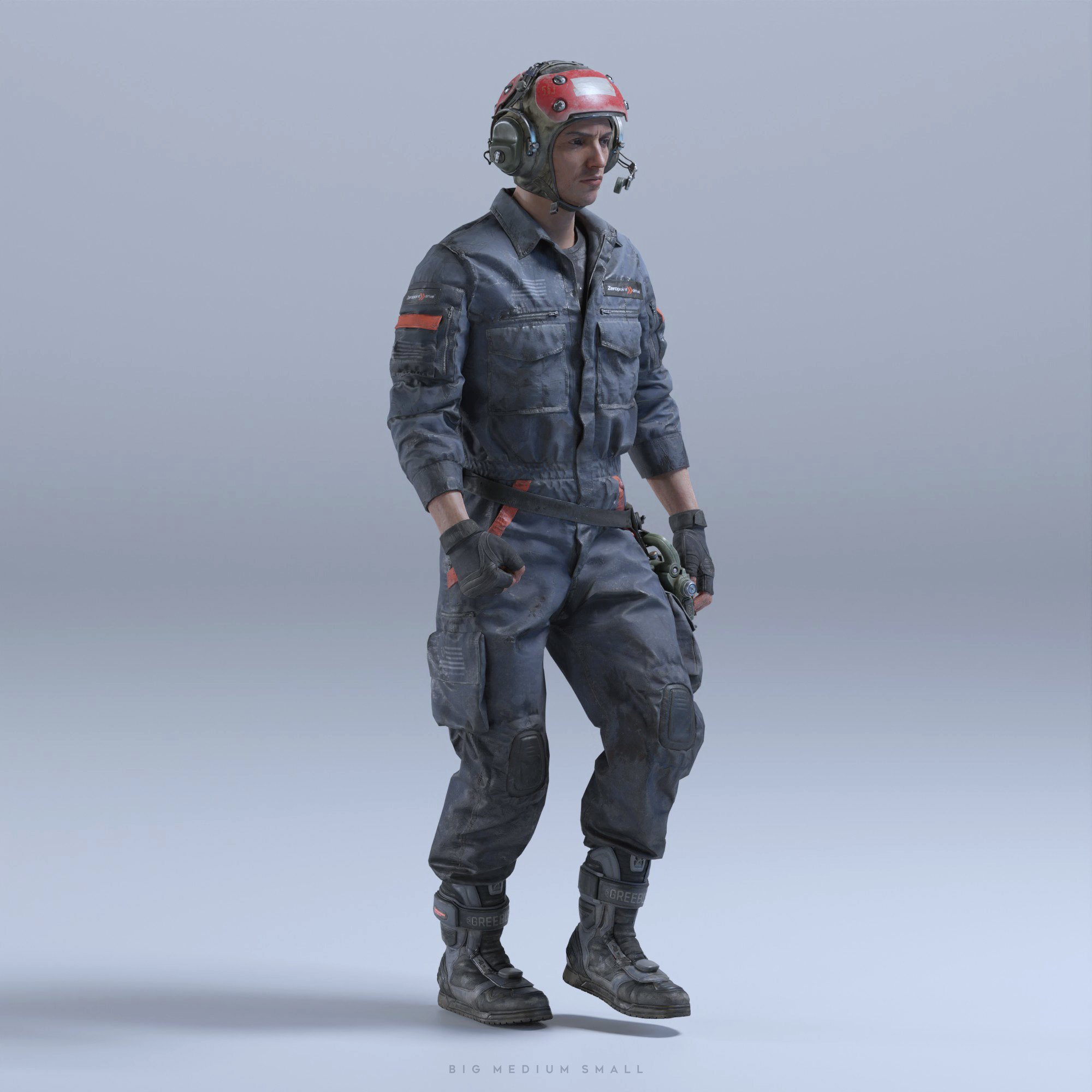 a 3d render of a futuristic soldier or worker.  the character is wearing a dark grey/blue jumpsuit with orange accents, protective knee and elbow pads, gloves, and boots.  they also have on a red and grey helmet with a visor. the figure is standing in a slightly relaxed pose against a light grey background.  the bottom of the image includes the text "big medium small," likely referring to size options for the model.