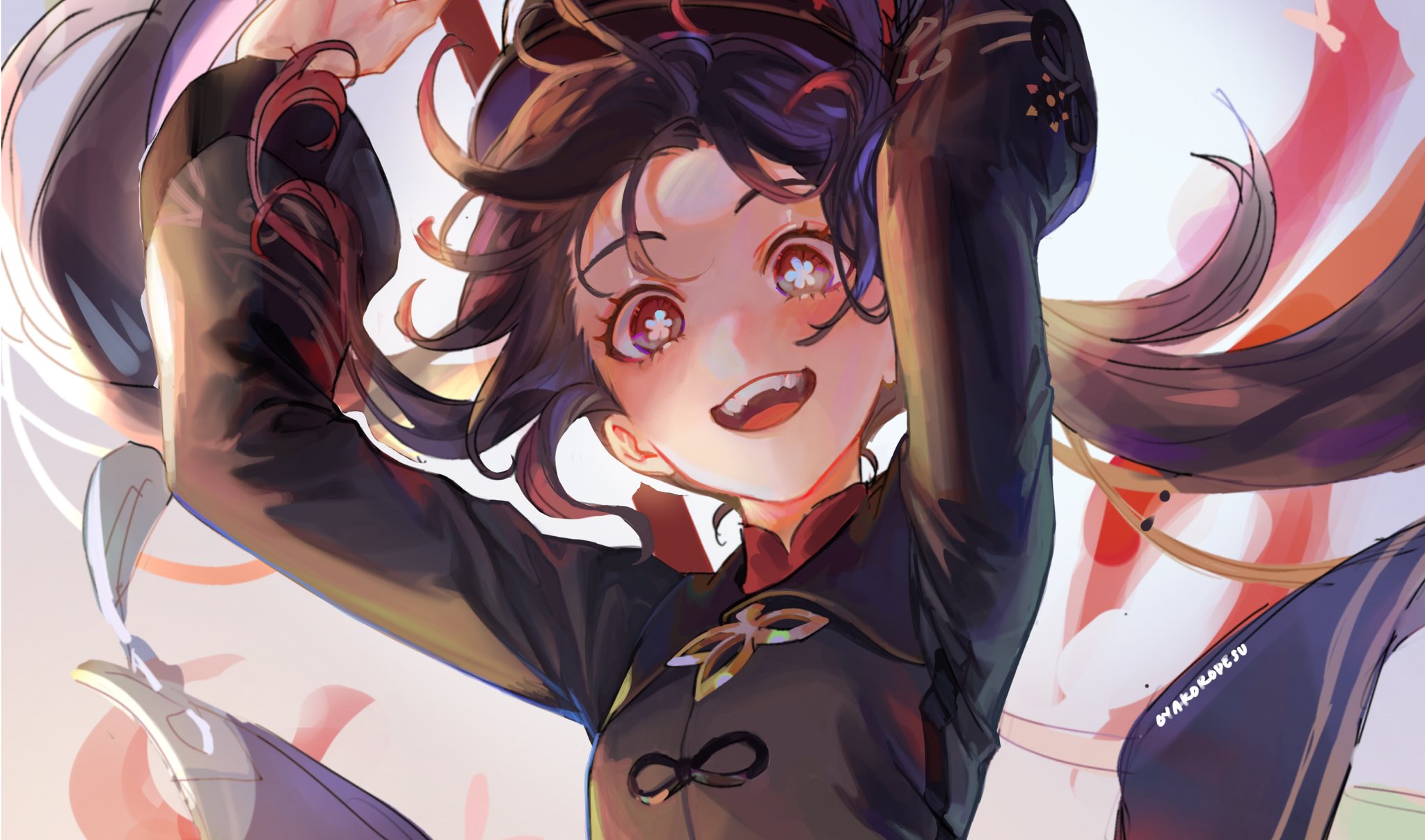 a digital illustration of a young woman with long black hair smiling brightly while wearing a black outfit. the artwork is in a vibrant and colorful style with a white background.