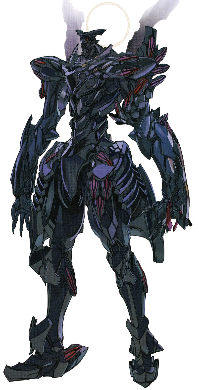 this image shows a dark angel mecha in a powerful pose, with its wings spread wide. the mecha has a halo and is surrounded by a dark aura. the background has been removed, leaving only the mecha on a transparent background.