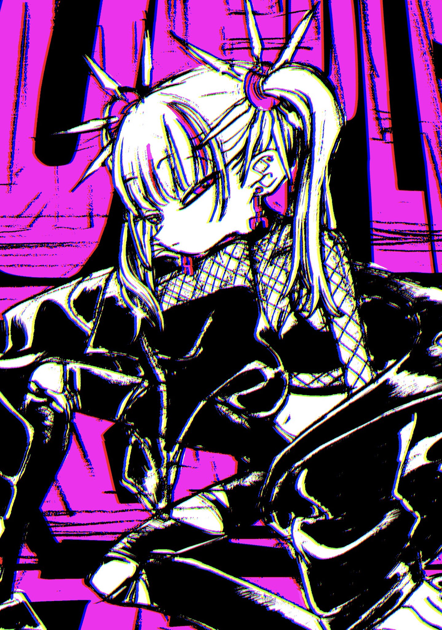 a black and white, closeup illustration of a young woman with a punk aesthetic. she has spiky hair styled in pigtails, is wearing a studded jacket, fishnet top, and has multiple piercings. the background is a vibrant pink, adding to the punk rock vibe. the image has a slightly distorted, digital art style.