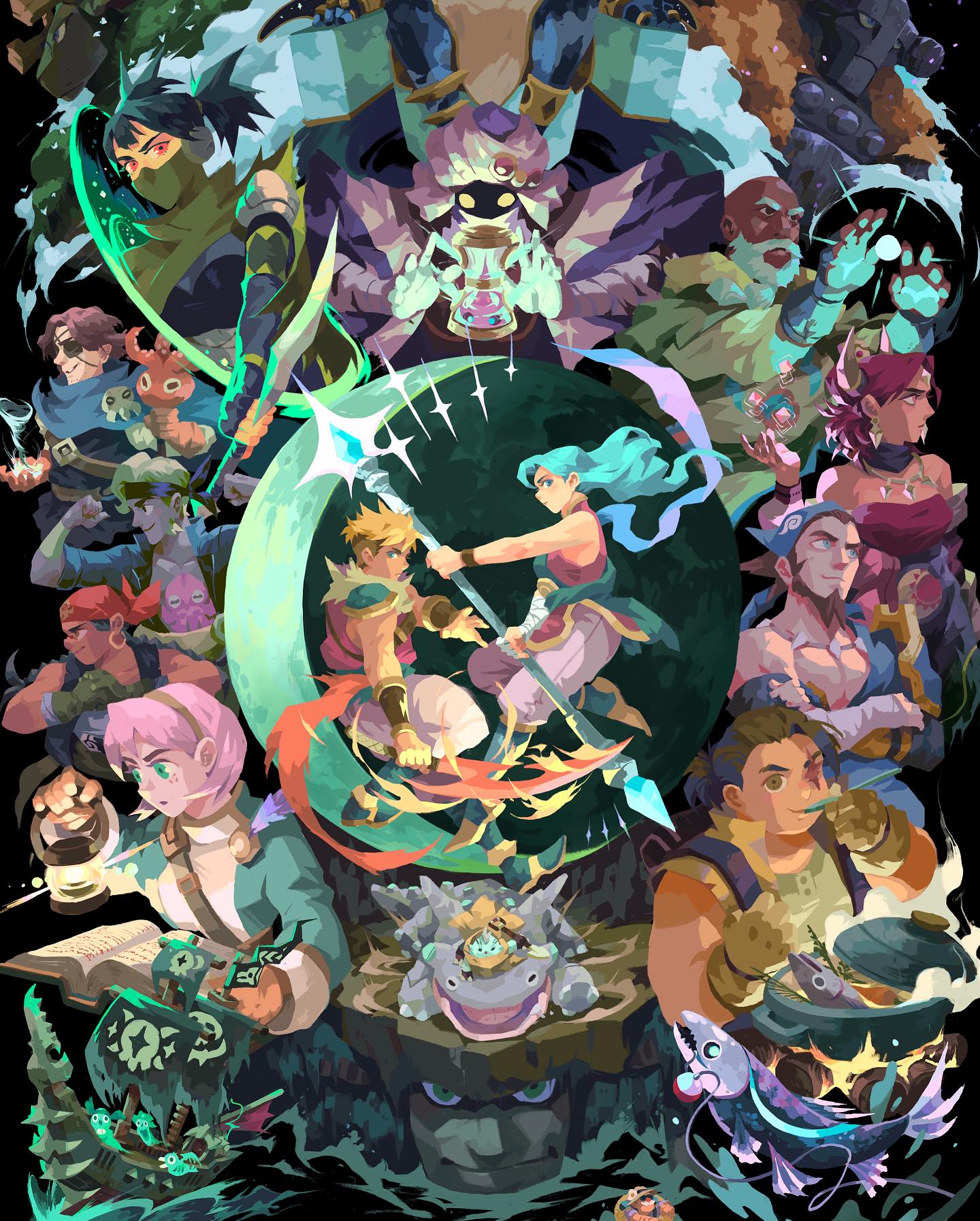 he image is a vibrant and whimsical digital painting depicting a large group of diverse fantasy characters engaged in an epic adventure.  the style is reminiscent of video game art, with a strong focus on character design and storytelling through visual elements.  the characters represent a range of ages, genders, and styles, with some appearing heroic and others more villainous or mysterious. they are posed dynamically, suggesting action and conflict, with a central focus on two figures wielding weapons.  the overall scene is rich with detail, including magical effects, fantastical creatures, and a background suggestive of a fantastical world. the color palette is predominantly composed of bright and bold hues with teal, orange, and purple accents, creating a vivid and engaging visual experience.