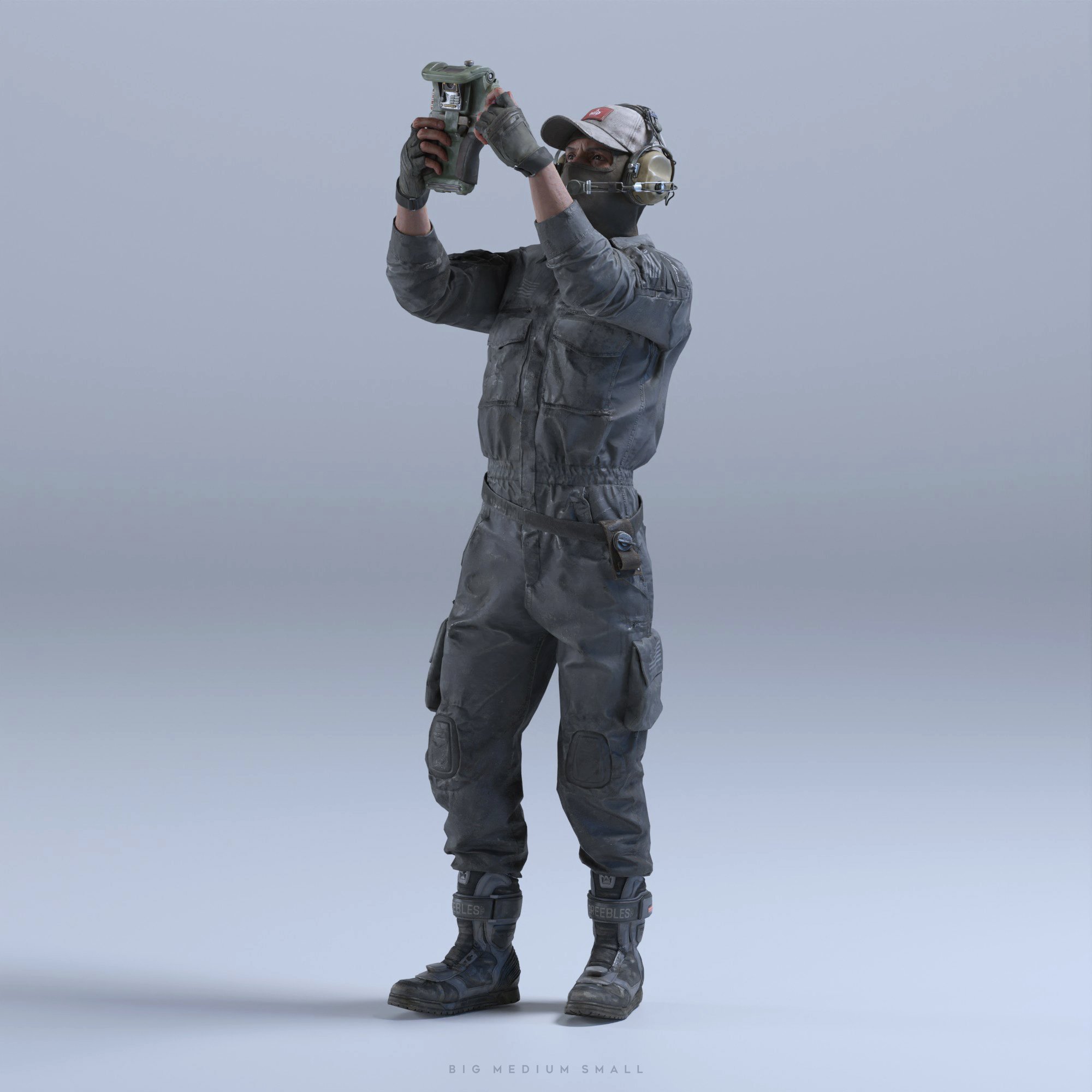 the image is a highquality 3d render of a soldierlike figure. they are wearing a grey tactical jumpsuit with knee pads and cargo pockets,  tactical boots,  a balaclava, and a headset. the figure holds a small, grey and green device, possibly a piece of military technology, in their hands and seems to be inspecting or examining it.  the backdrop is plain light grey, focusing attention on the figure and the details of their attire and equipment. the bottom of the image includes the caption "big medium small", likely indicating clothing sizing options related to the jumpsuit model. the overall style is realistic and detailed, showcasing the texture and quality of the figure's uniform.
