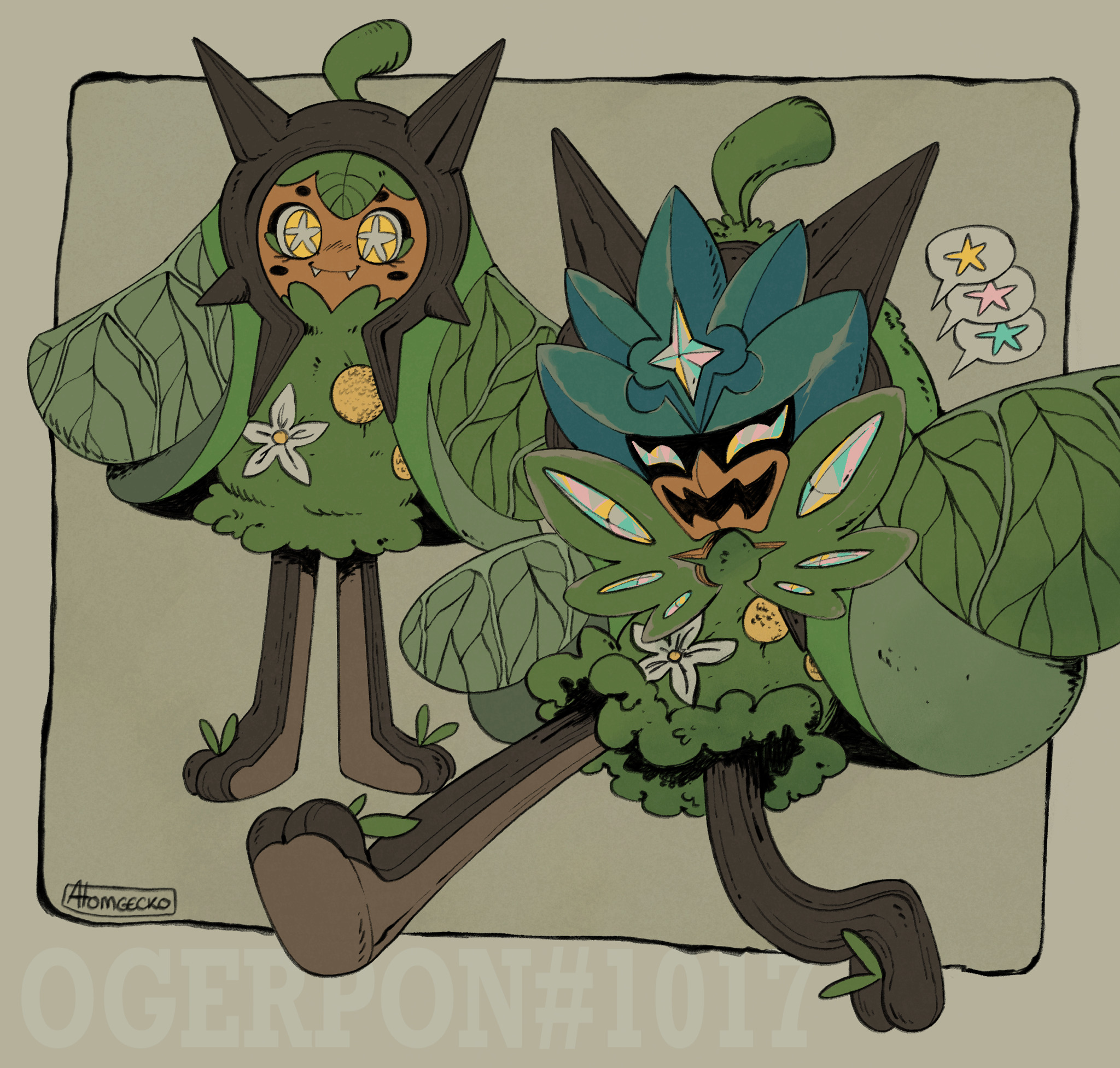 there are two versions of a creature design in the image. both are humanoid in shape with leafy wings, big paws, and dark brown skin. they both have green leafy clothing and white flower accents. the design on the left has a simplistic style, and the one on the right has more detailed linework and colors.