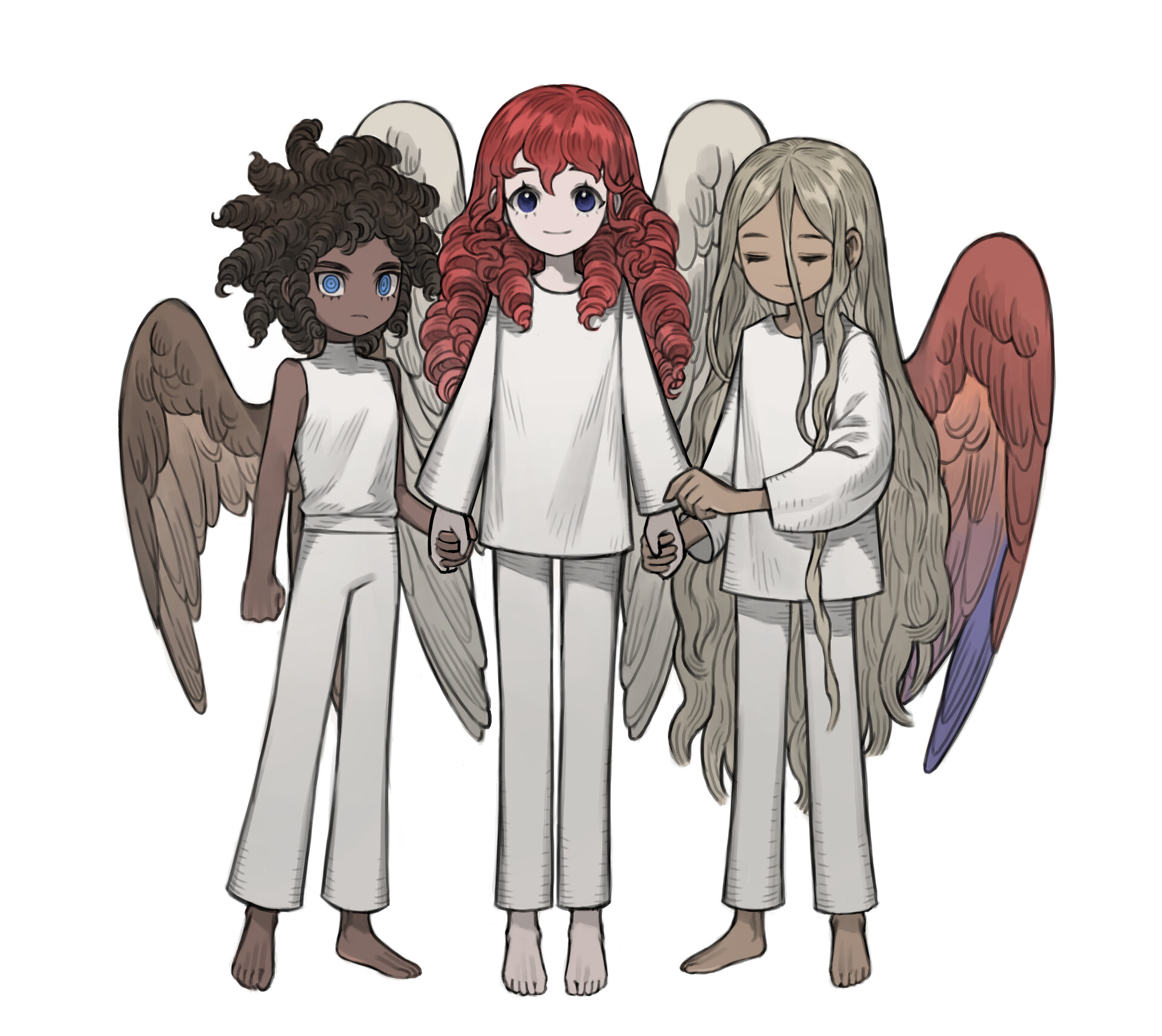 the image showcases three angels, depicted in a stylized, cartoonish manner. the central angel, with flowing red hair, stands slightly taller, holding hands with the other two. the angel on the left has dark brown, curly hair and brown wings, while the angel on the right possesses long, silver hair and wings adorned with a blend of red, orange, and blue hues. all three angels wear simple, white robes and stand barefoot against a pristine white backdrop.