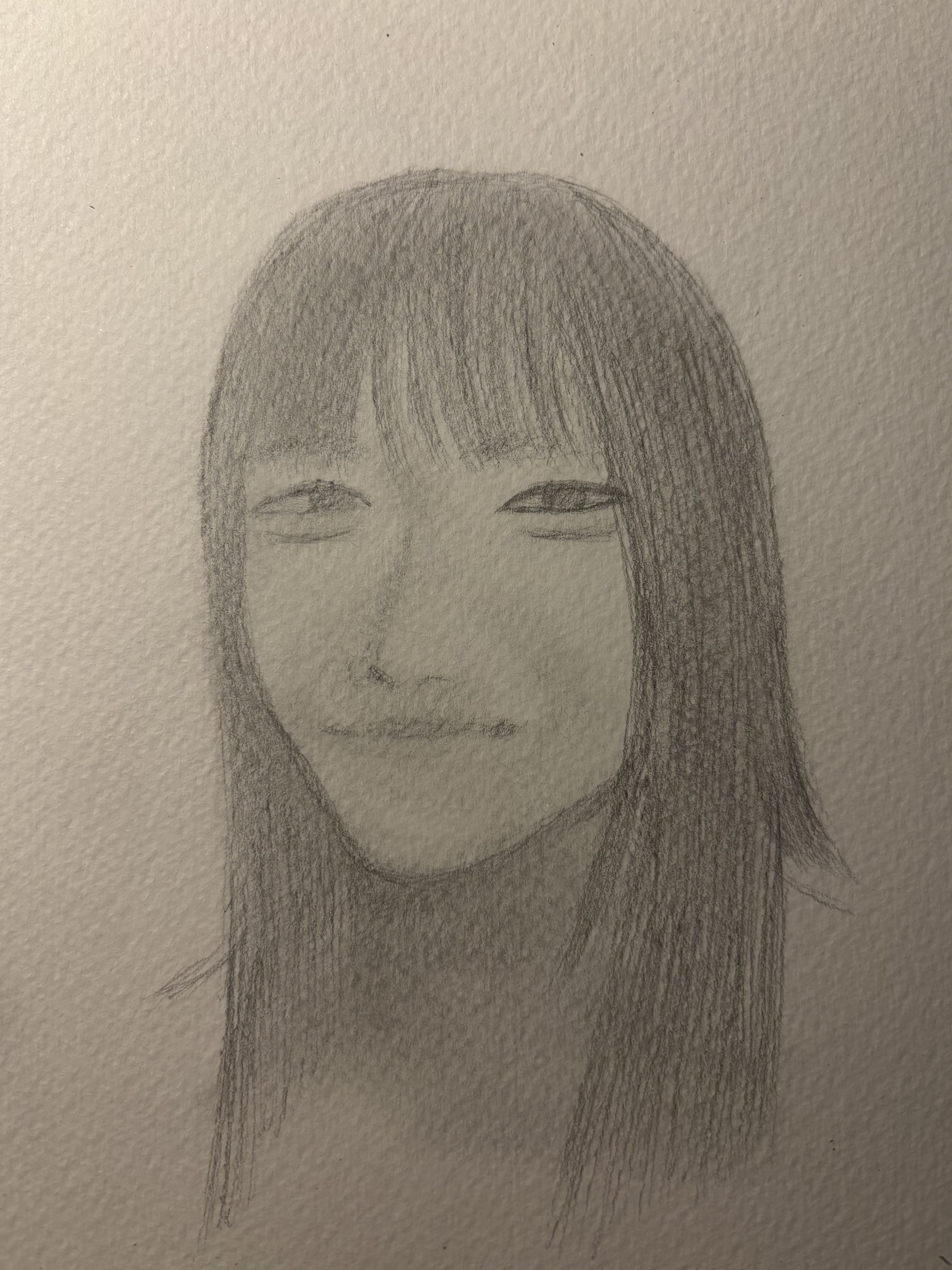 a pencil sketch of a woman's face with straight hair and bangs.