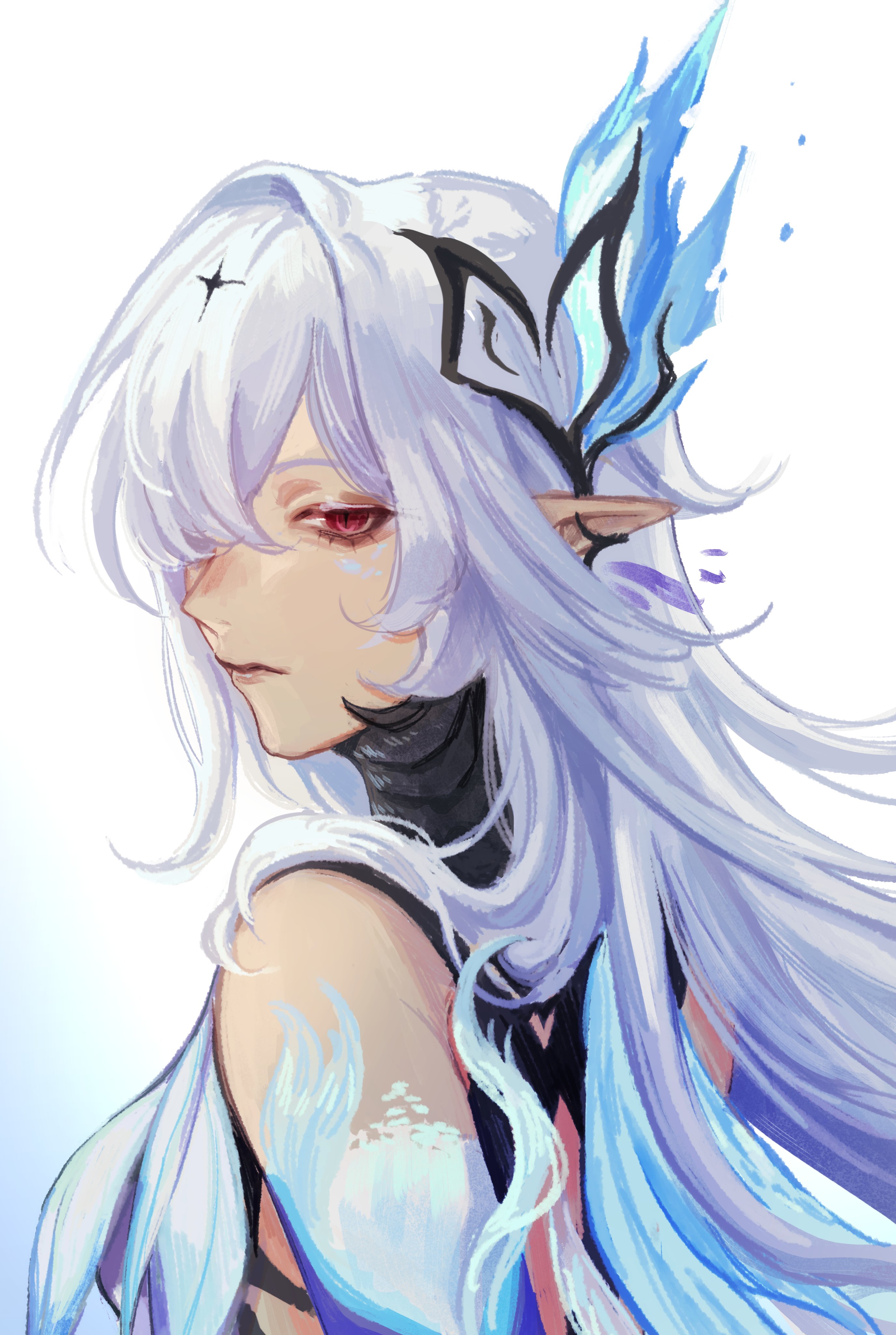 a portrait of an anime girl with long white hair and blue wings. she has red eyes and is looking off to the side. the artwork is done in a digital style and has a fantasy feel to it.