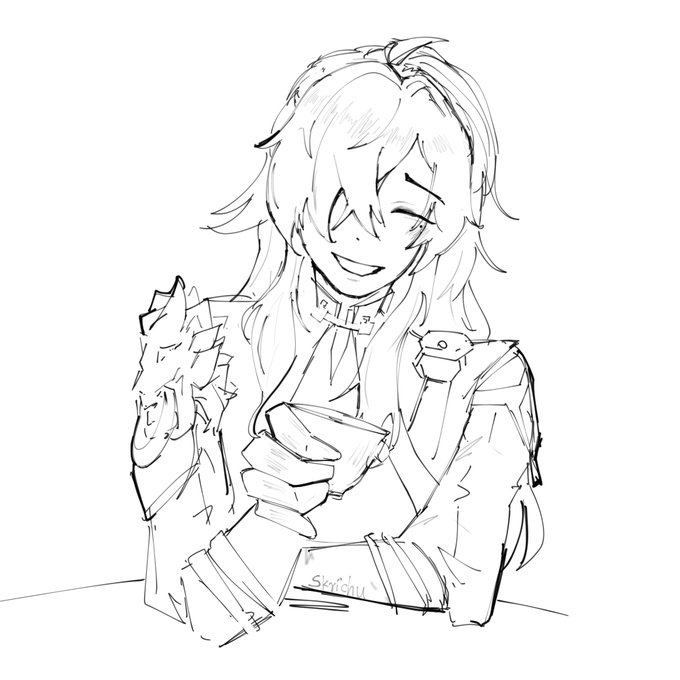 this is a black and white sketch of an anime girl sitting at a table with a cup. she is smiling happily and has long hair. she is wearing a jacket and appears to be enjoying her drink. the drawing is simple and has a lot of white space around the figure.