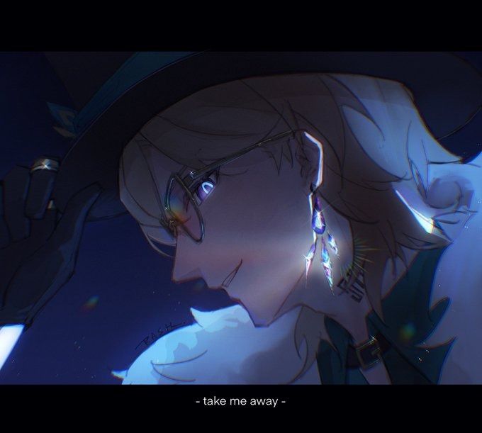 the image is a digital fanart depicting an animestyle male character with long, light blonde hair, wearing glasses, a top hat, and elaborate earrings. he has an androgynous appearance and is styled in elegant, somewhat mysterious attire.  the background is dark blue with glowing elements, creating a moody and dramatic atmosphere. the character's expression is somewhat wistful, and the text overlay “ take me away “ suggests a sense of longing or escape. the art style is highly stylized with a focus on soft lighting and vibrant color choices. the overall aesthetic leans towards fantasy or magical themes.
