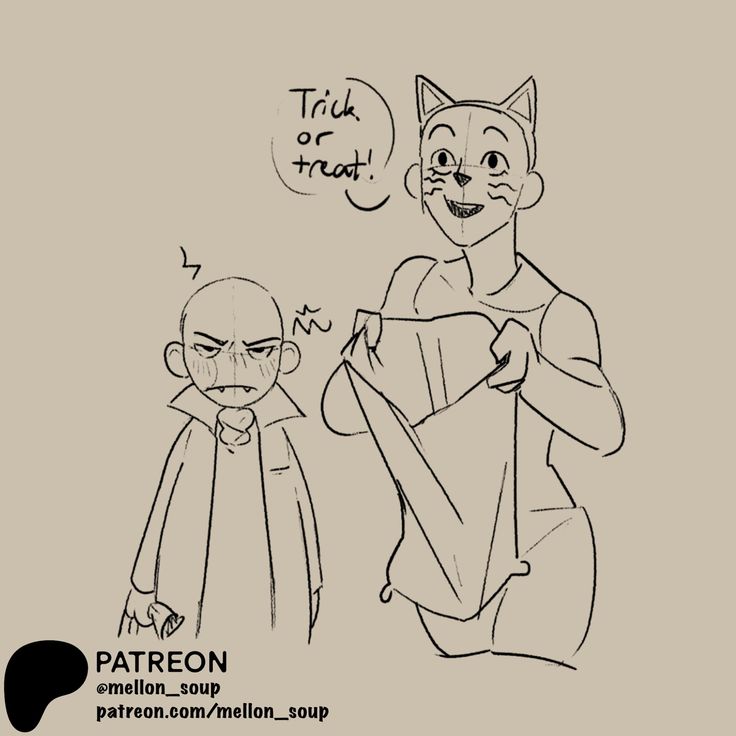 this is an illustration of a character dressed up as a cat holding a bag of candy, while another character dressed as a vampire stands behind them. the cat character is smiling and has a mischievous expression, while the vampire character looks a little bit annoyed. the text "trick or treat!" is written above the characters, indicating that it is a halloween scene.