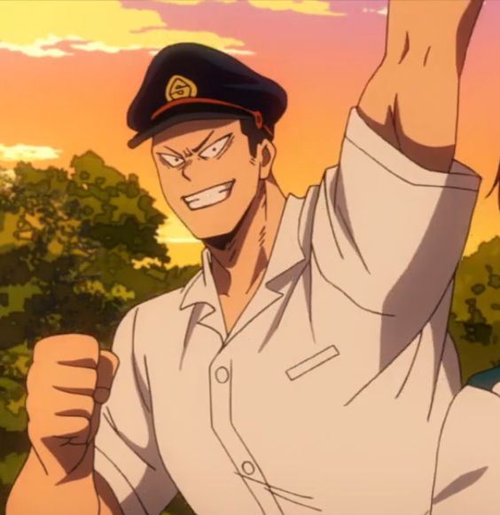 this is a portrait of a man from the anime my hero academia, set against a warm sunset backdrop. he wears a white uniform with a distinctive black and gold captain's hat, suggesting he might be a train conductor. the man is depicted with a mischievous grin, clenching his fist in celebration, with the warm lighting accentuating his features. the low camera angle adds to the sense of joy and triumph.