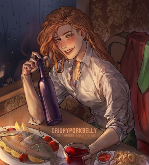 the image is a digital painting in an anime style depicting a handsome, longhaired redhead man enjoying a romantic dinner.  he's seated at a table in a dimly lit restaurant, near a rainstreaked window. he holds a bottle of red wine, and the table is set with a plate of baked fish garnished with lemons and tomatoes, along with other appetizers including fried food, and a glass of red wine. the overall mood is cozy, intimate, and slightly suggestive of a romantic date. the artist's signature, "crispyporkbelly," is visible on the image. the man's expression is pleasant and suggestive, his pose relaxed but attentive. the detail in the lighting and textures of the food and environment enhances the overall feeling of warmth and luxury.