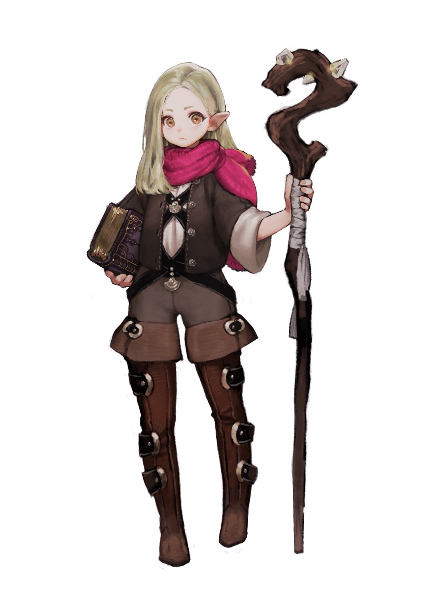this is a digital illustration of an anime style elf girl, drawn in a fantasy style. she is standing with a book in one hand and a staff in the other. she is wearing a brown jacket, a pink scarf, and brown pants. the background is white.
